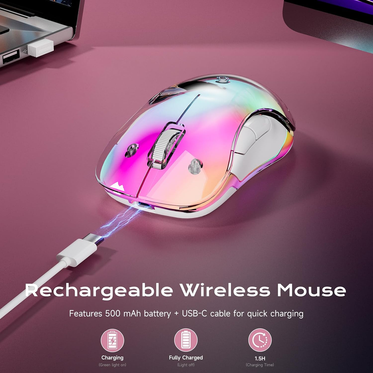 Thumbnail 3 de memzuoix LED Wireless Mouse (Rechargeable 2.4G, 1400 DPI) – Pink