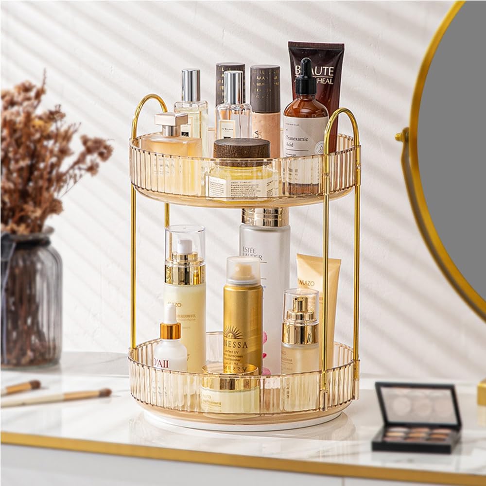 Detalle de ROWNYEON Makeup Organiser 360 Rotating — 2-Tier Gold Spinning Storage