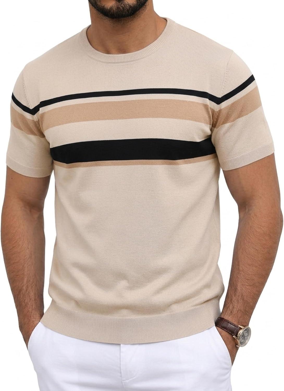 Detalle de Aulemen Herren Strick Kurzarm Streifen-T-Shirt – Regular Fit, bügelfrei & knitterfrei