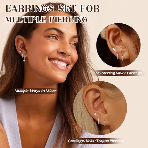 Detalle de Diamday 3 Pairs Sterling Silver Earrings for Women – Stud and Hoop Set
