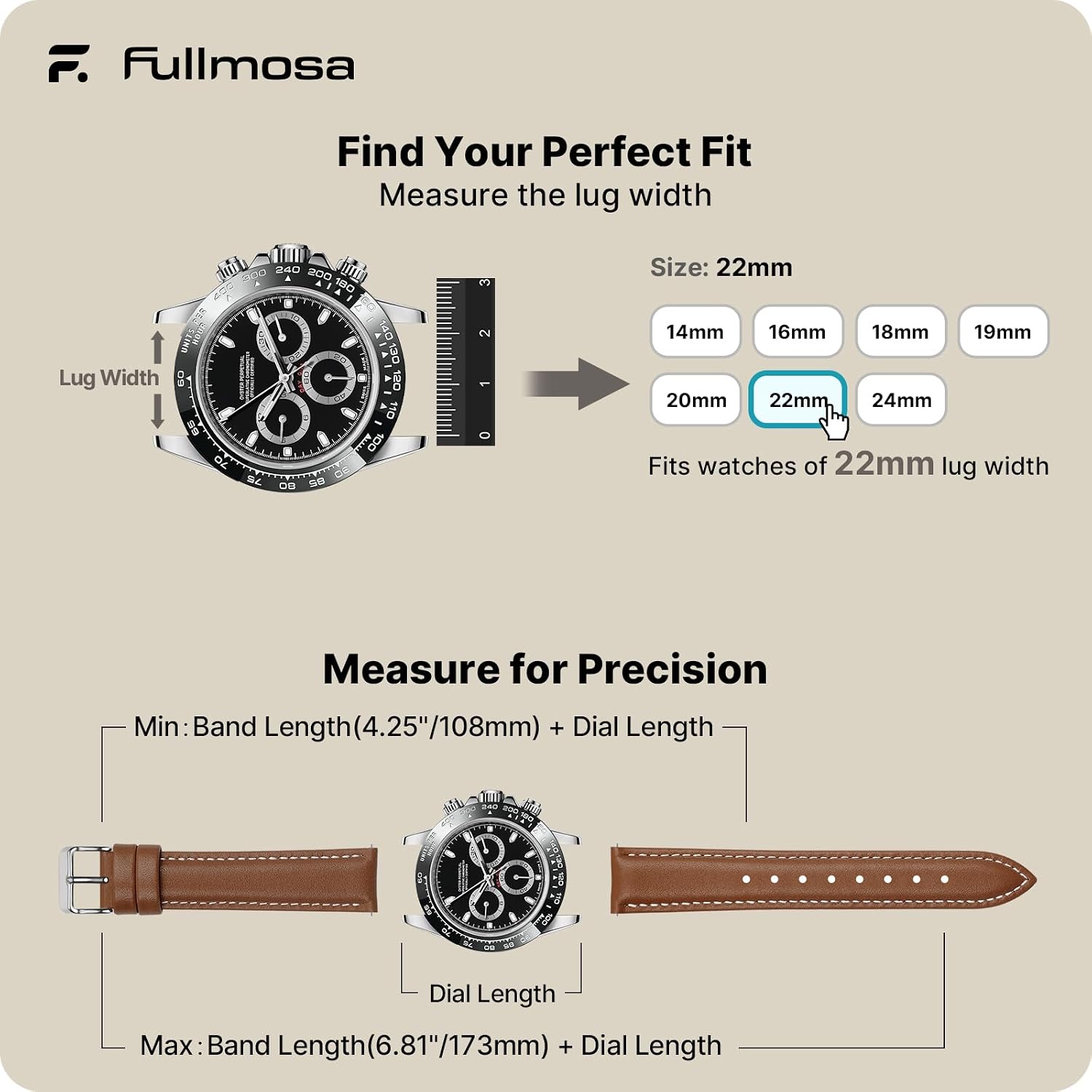 Thumbnail 4 de Fullmosa 22mm Uhrenarmband Braun Echtleder