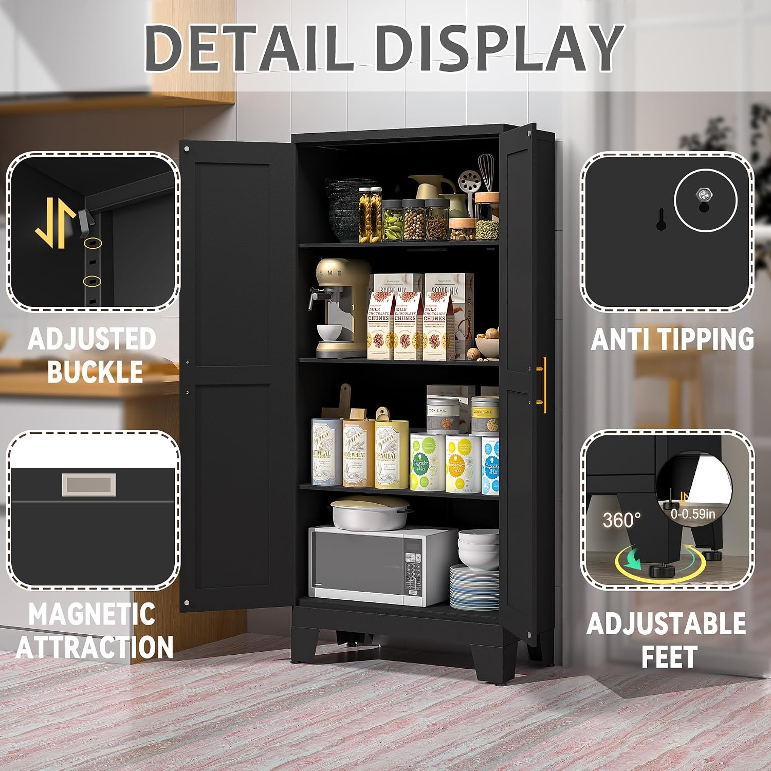 Detalle de GAIOUS 2D-Black Kitchen Pantry Cabinet, Black Metal with Adjustable Shelves