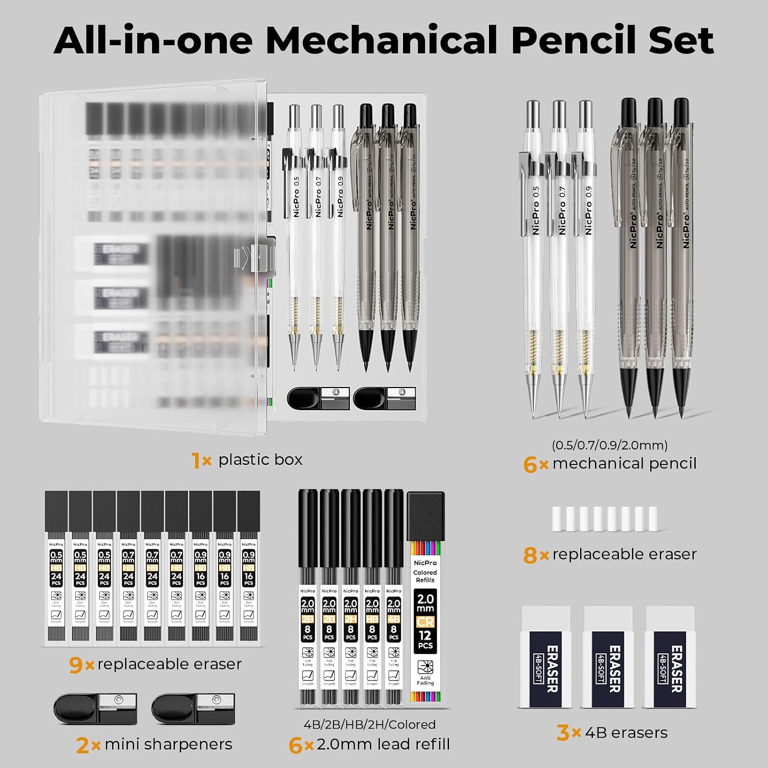Thumbnail 5 de Nicpro 6 Piece Mechanical Pencil Set with Case for Drawing and Writing