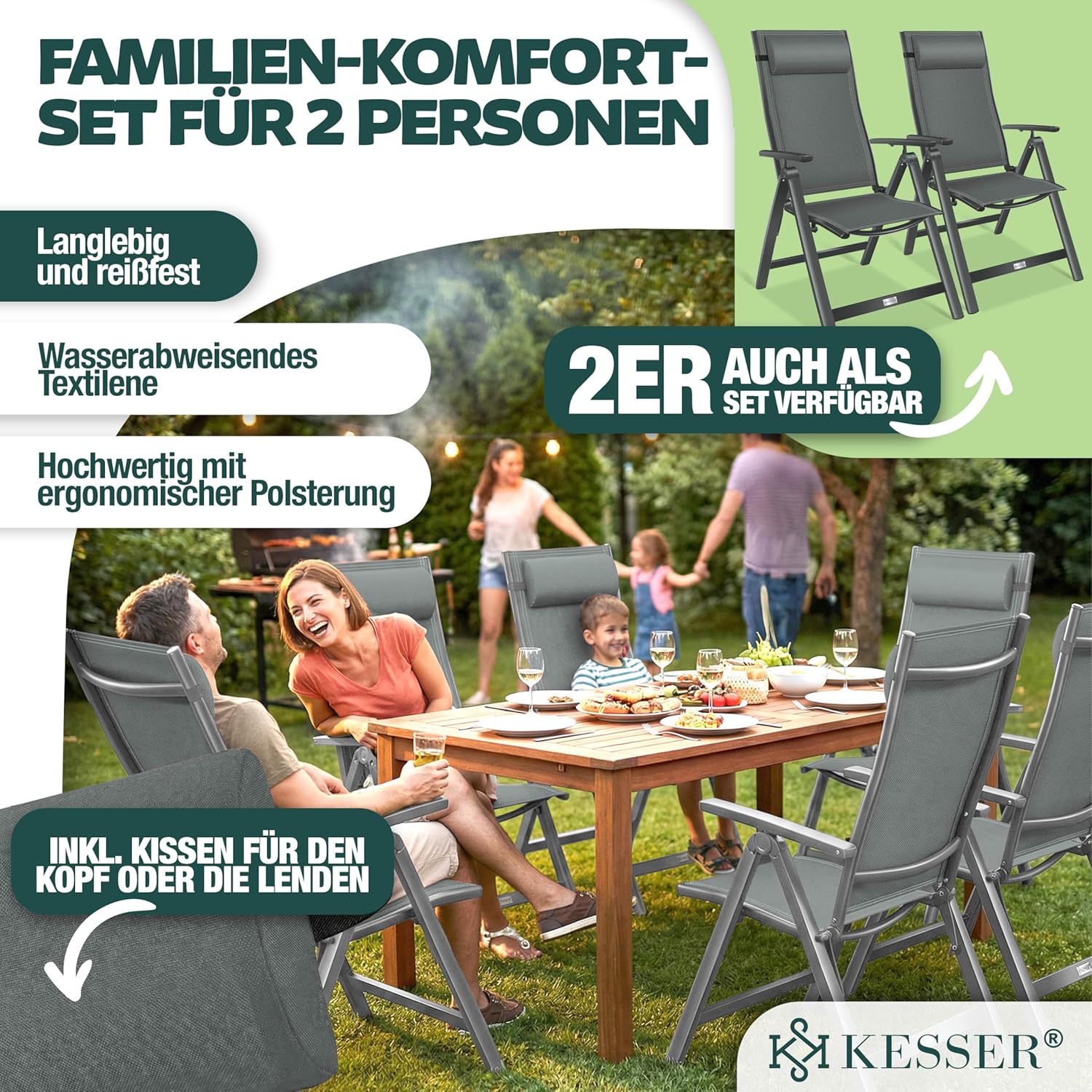 Thumbnail 3 de KESSER Gartenstuhl Hochlehner mit Armlehnen – 2er Set aus Aluminium, Klappstuhl mit Kopfkissen, Abdeckung und 7‑fach verstellbarer Rückenlehne (Anthrazit)