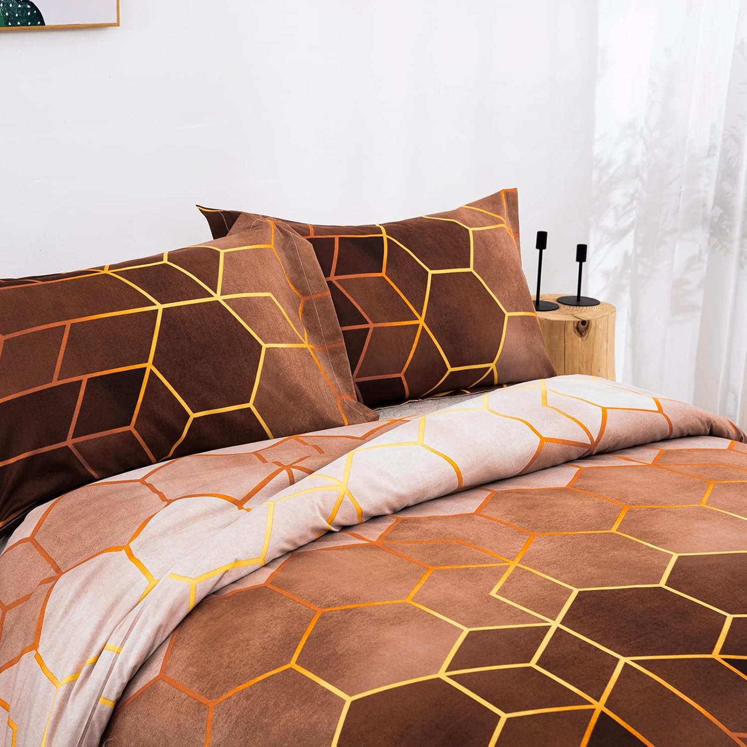 Thumbnail 3 de DJY Brown Geometric Duvet Cover Set (King, 220 x 230cm) – Reversible Golden Stripes, Zip Closure