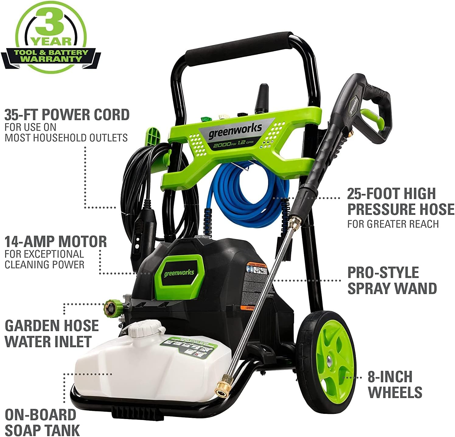 Detalle de Greenworks GPW2003 2000 PSI Electric Pressure Washer, 1.2 GPM