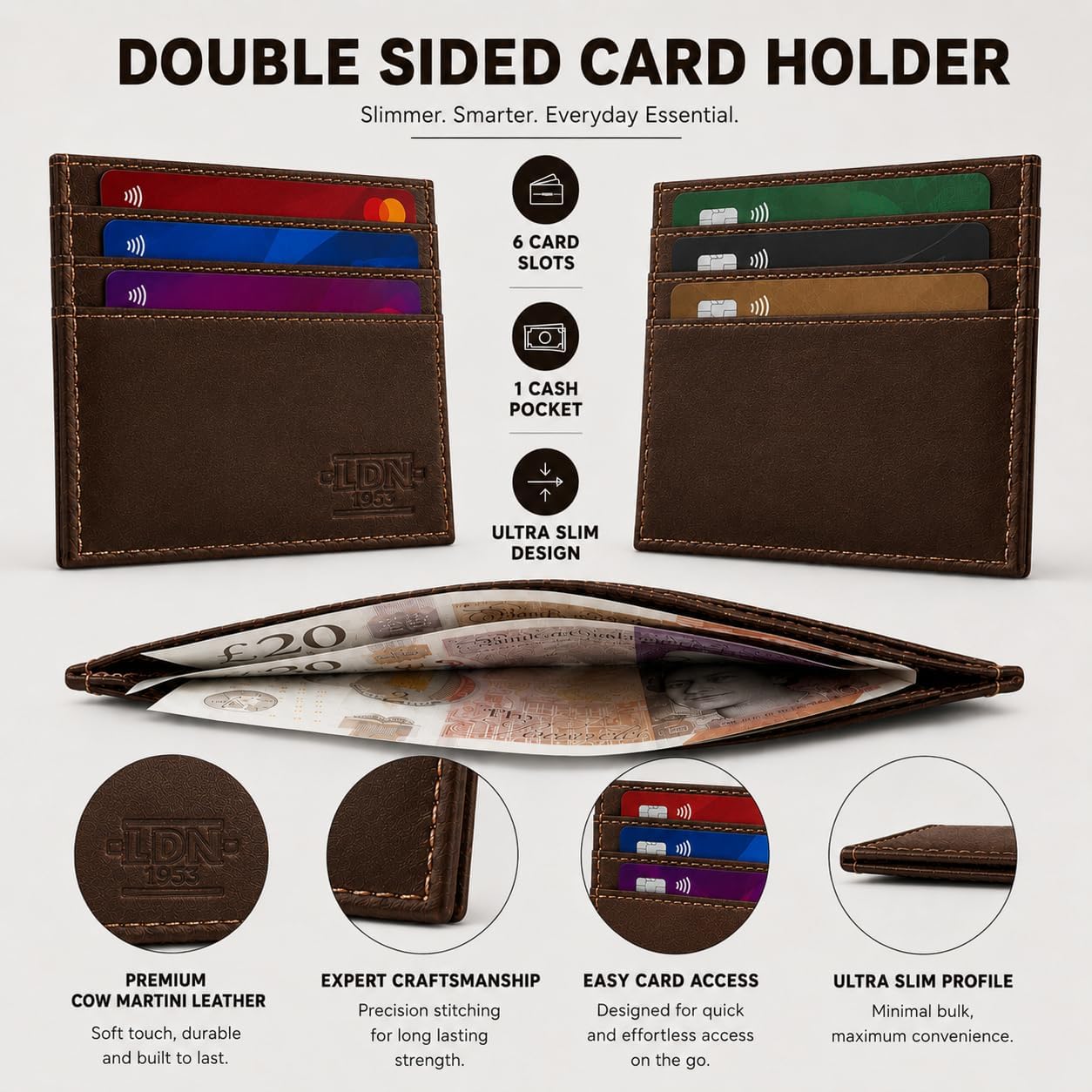 Detalle de LDN 1953 RFID Card Holder Wallet for Men – Ultra-Slim Cow Martini Leather, Brown