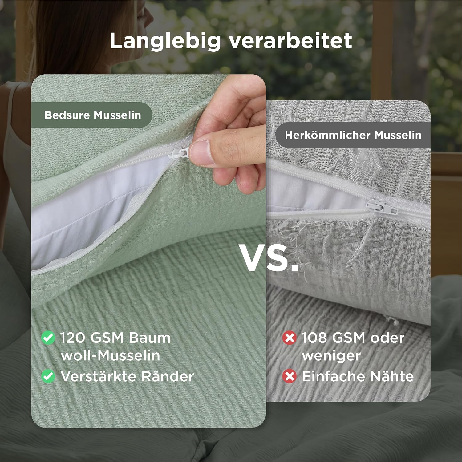 Thumbnail 4 de BEDSURE Musselin Bettwäsche 135x200 cm 4-teilig – 100% Baumwolle, OEKO-TEX, Grün, sommerliche Leichtigkeit