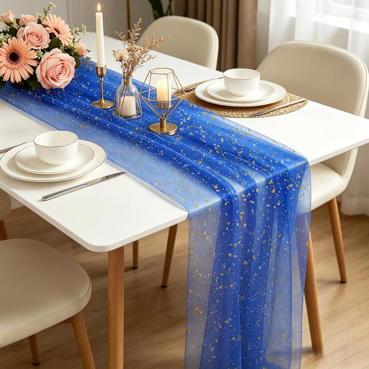 Detalle 1 de Foatcox niebieski bieżnik tiulowy 75 × 300 cm ze złotym motywem liści