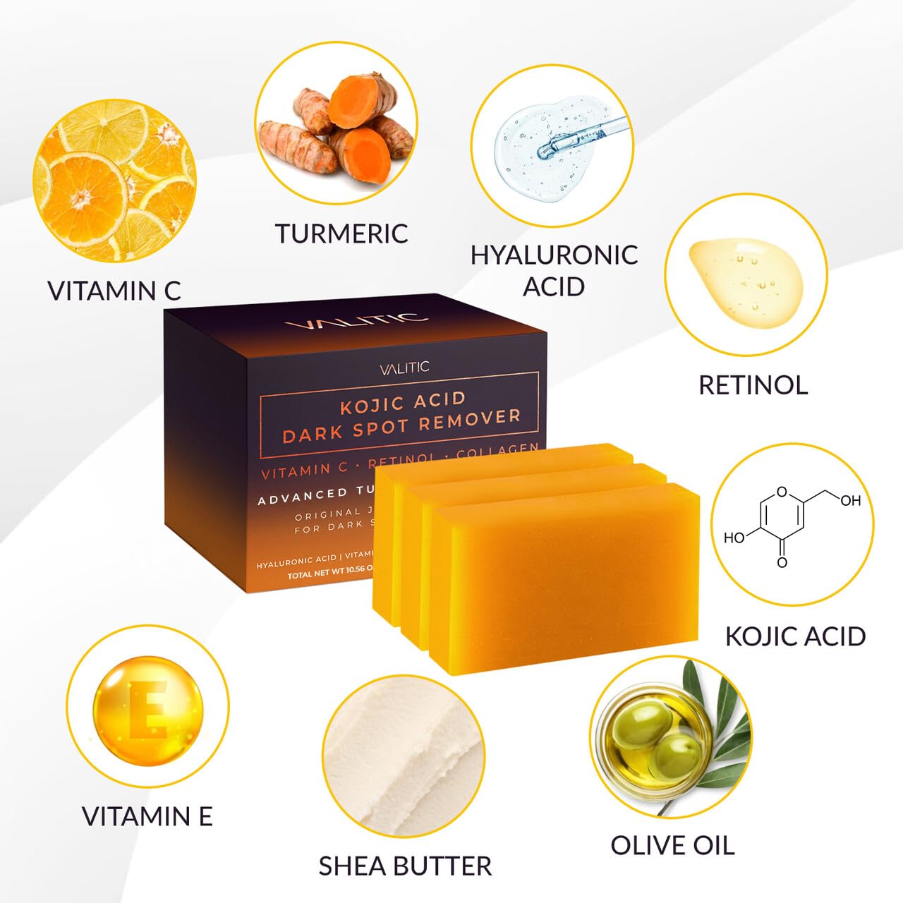 Detalle de VALITIC Dark Spot Corrector Soap: Original Japanese Complex with Vitamin C, Retinol, Collagen, Turmeric, and Hyaluronic Acid
