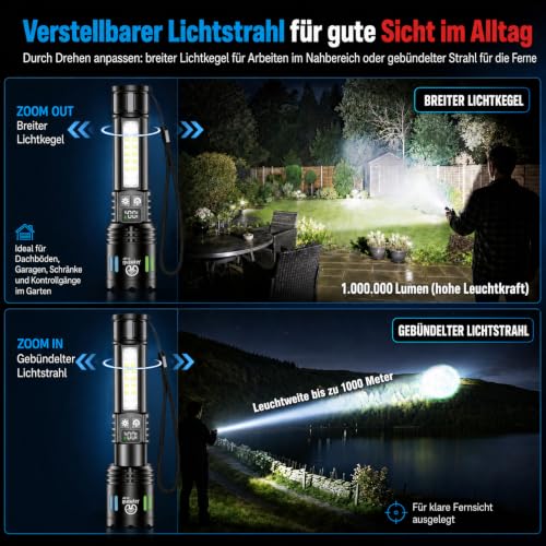 Detalle de Jayxinli 2er-Pack LED-Taschenlampen – 1.000.000 Lumen, aufladbar, extrem hell