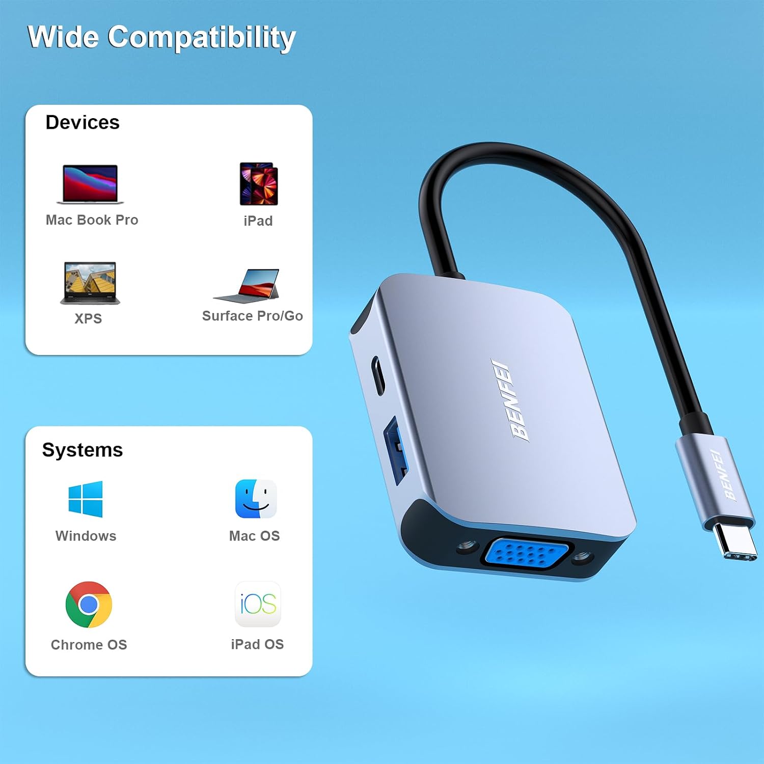 Thumbnail 2 de BENFEI Hub USB-C 4in1 con HDMI 4K, VGA e USB 3.0 fino a 5 Gbps + Power Delivery 60W (grigio)