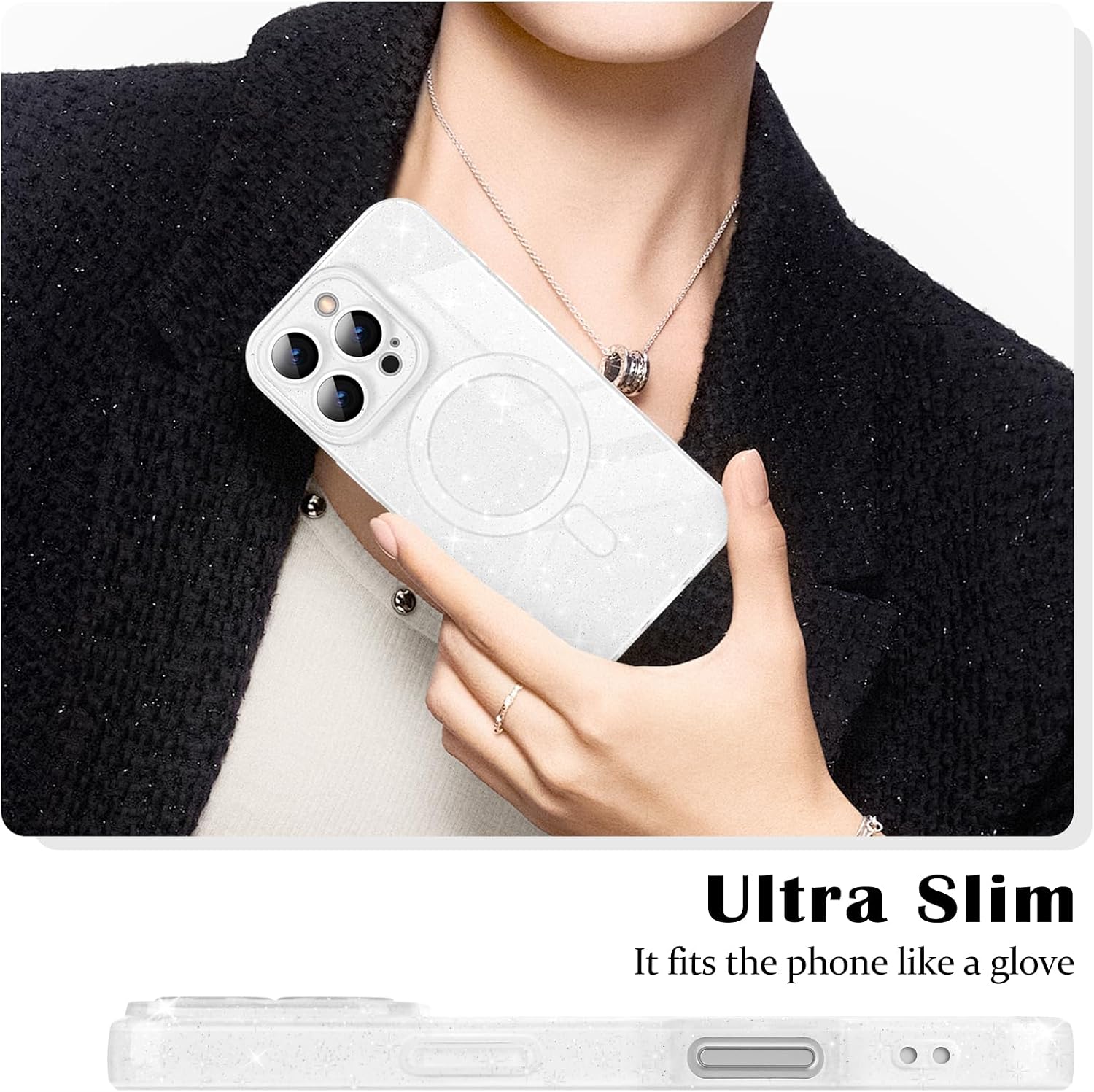Detalle 2 de Newseego Glitzer Hülle für iPhone 16 Pro (6,3 Zoll) – MagSafe-kompatible TPU-Schutzhülle in Weiß