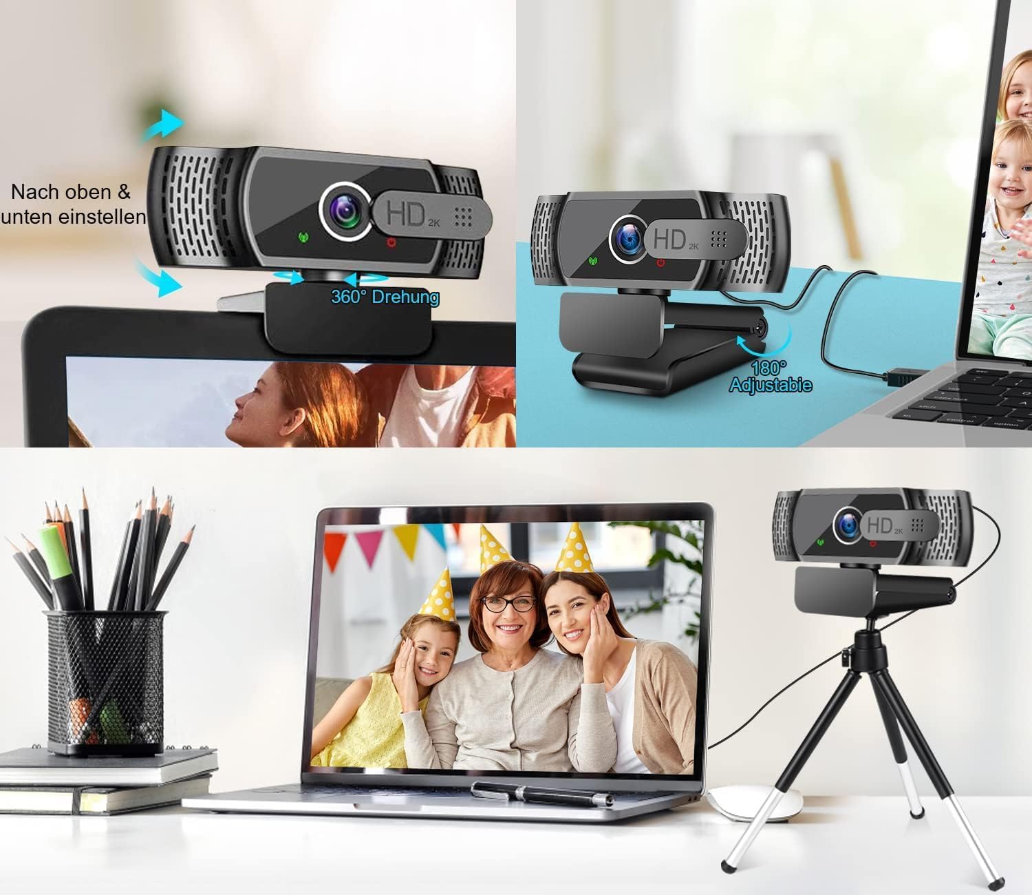 Thumbnail 3 de neefeaer 2K Full HD Webcam mit Mikrofon, Stativ & automatischer Lichtkorrektur