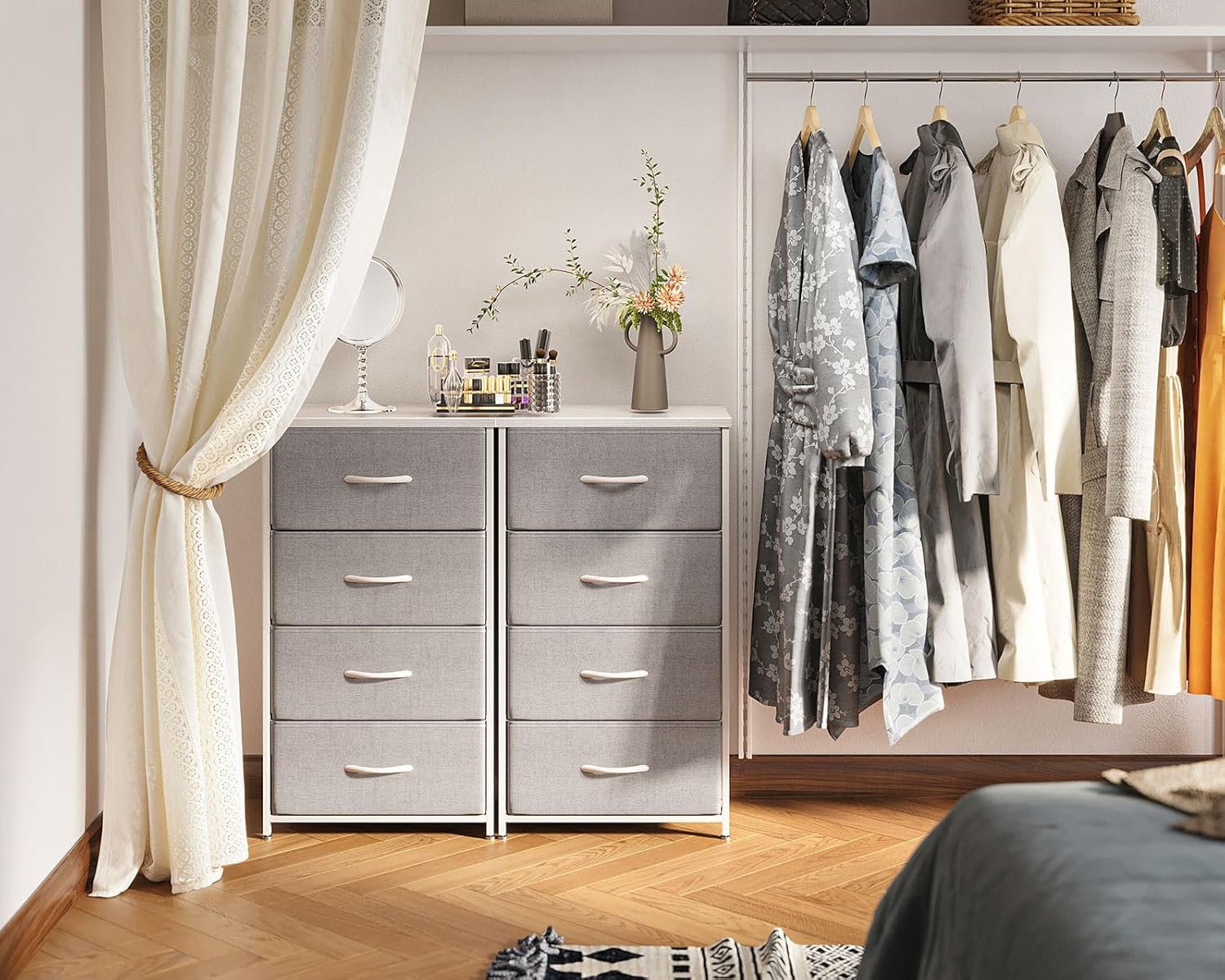 Thumbnail 1 de Coleshome tall chest of drawers (4 fabric drawers) with wooden top, small & narrow unit, light grey, 40 x 30 x 80 cm