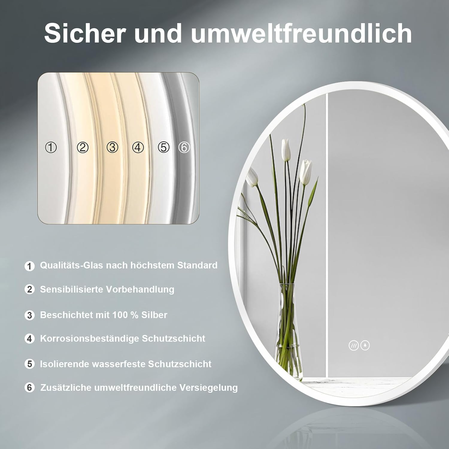 Thumbnail 2 de ApeJoy specchio da bagno rotondo LED 60 cm con illuminazione, anti-appannamento e touch