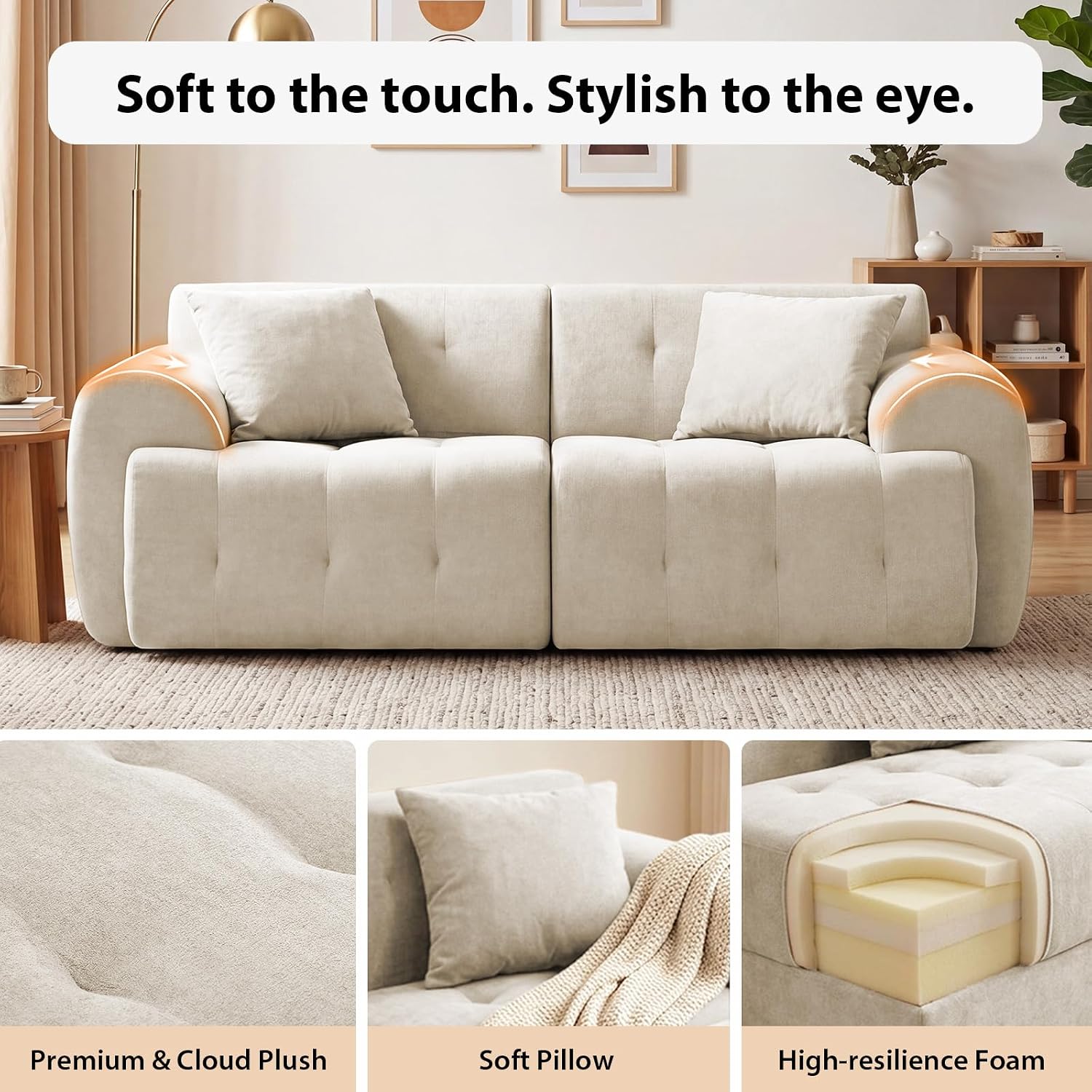 Detalle de COMHOMA B16 2-Seater Sofa, Beige Fabric, Foam Cushions, No Assembly