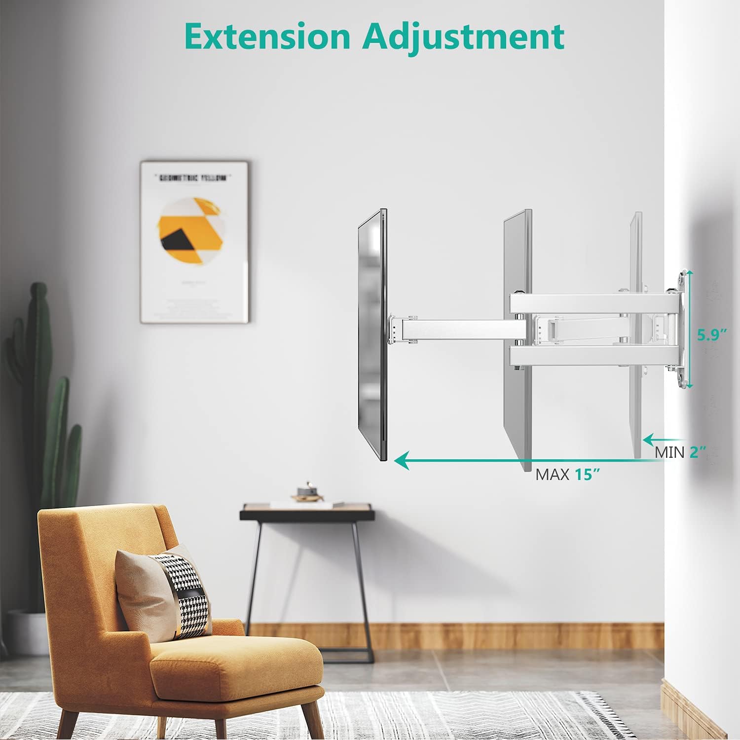 Detalle de WALI TV Wall Mount Articulating LCD Monitor Full Motion 15" Extension Arm Tilt Swivel (1330LM-W) – White