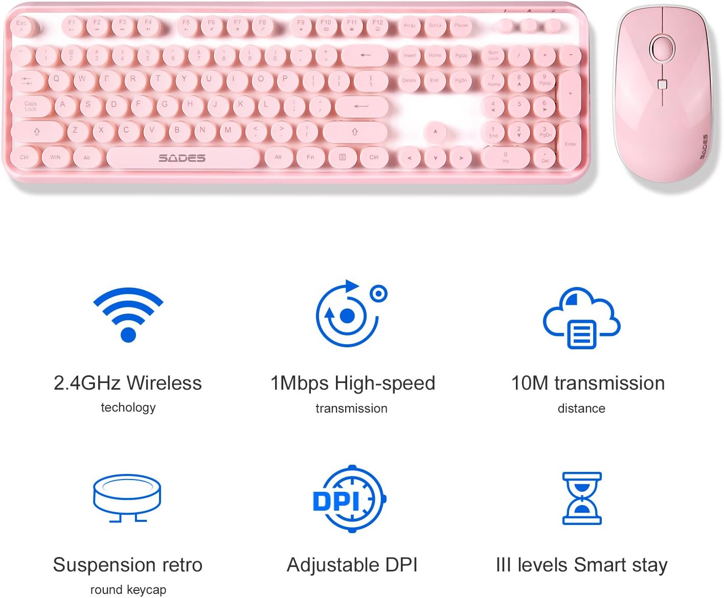 Detalle de Pink Wireless Keyboard and Mouse Combo with Round Bubble Keys for Long Nails
