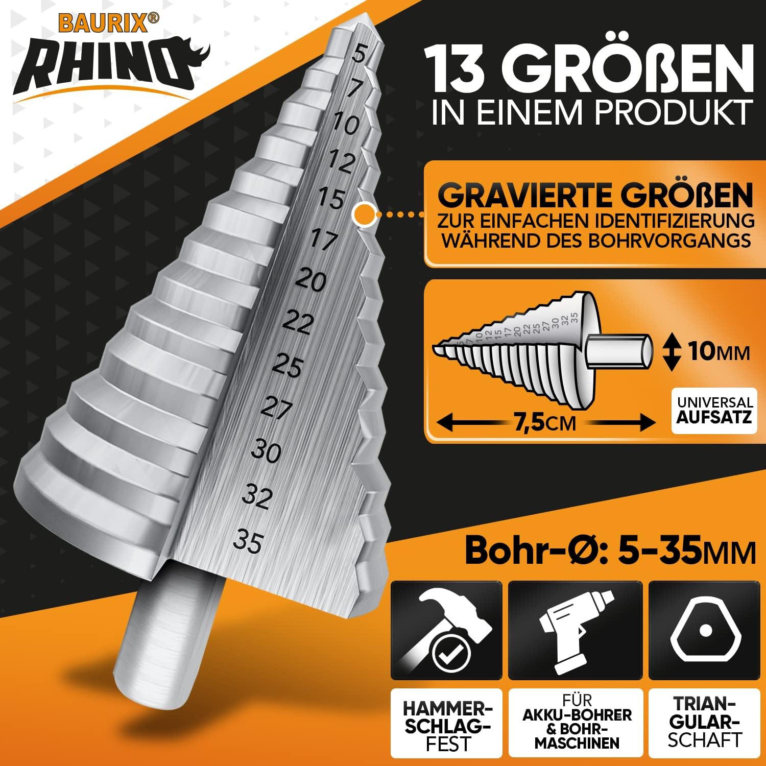 Thumbnail 3 de BAURIX® RHINO® Fresa a Gradini HSS [Ø 5‑35 mm] con alesaggio triangolare da 10 mm