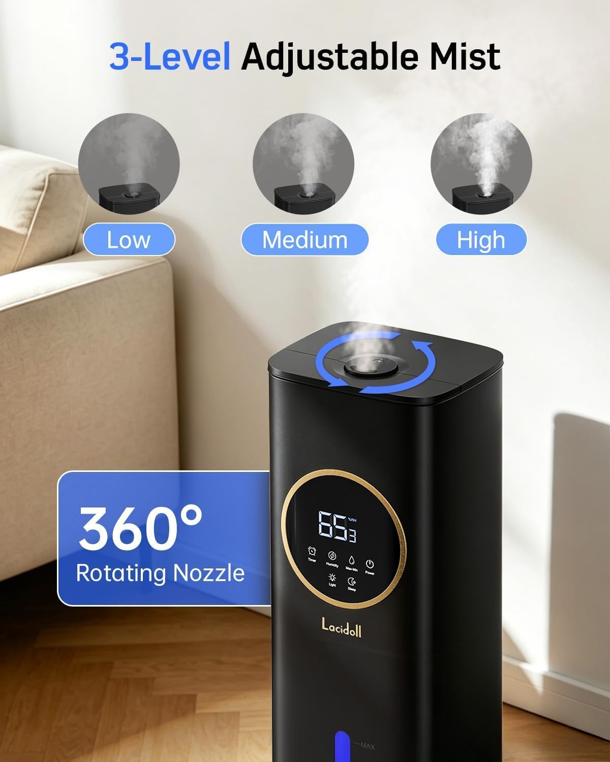 Detalle de Lacidoll MH-2303B1 8L Ultrasonic Humidifier, Top-Fill, 800 sq. ft.