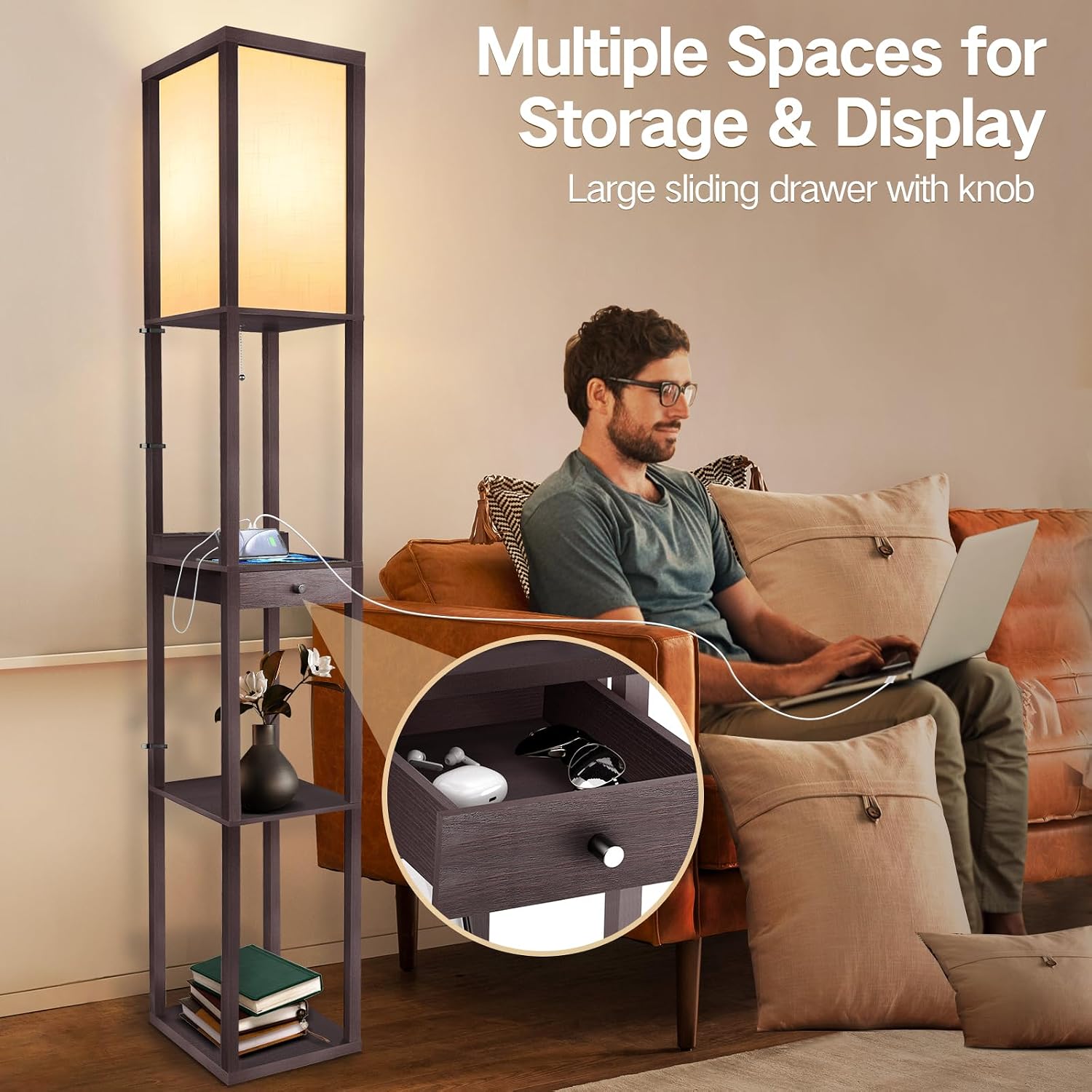 Thumbnail 3 de OUTON Shelf Floor Lamp with Drawer: 165cm of Storage, USB-C Ports and Warm to Daylight LED
