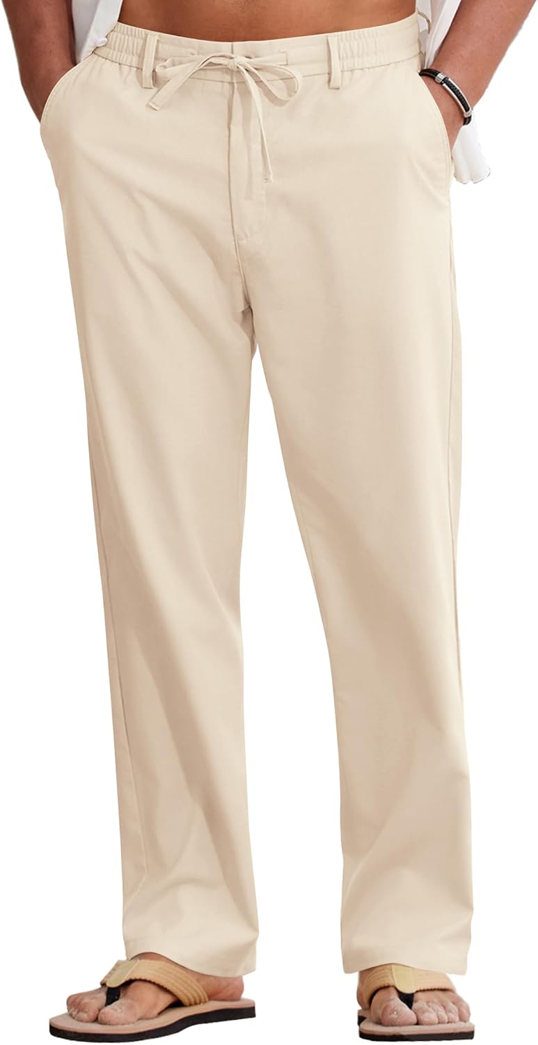 Detalle de COOFANDY Mens Cotton Linen Pants – Lightweight Summer Drawstring Trousers
