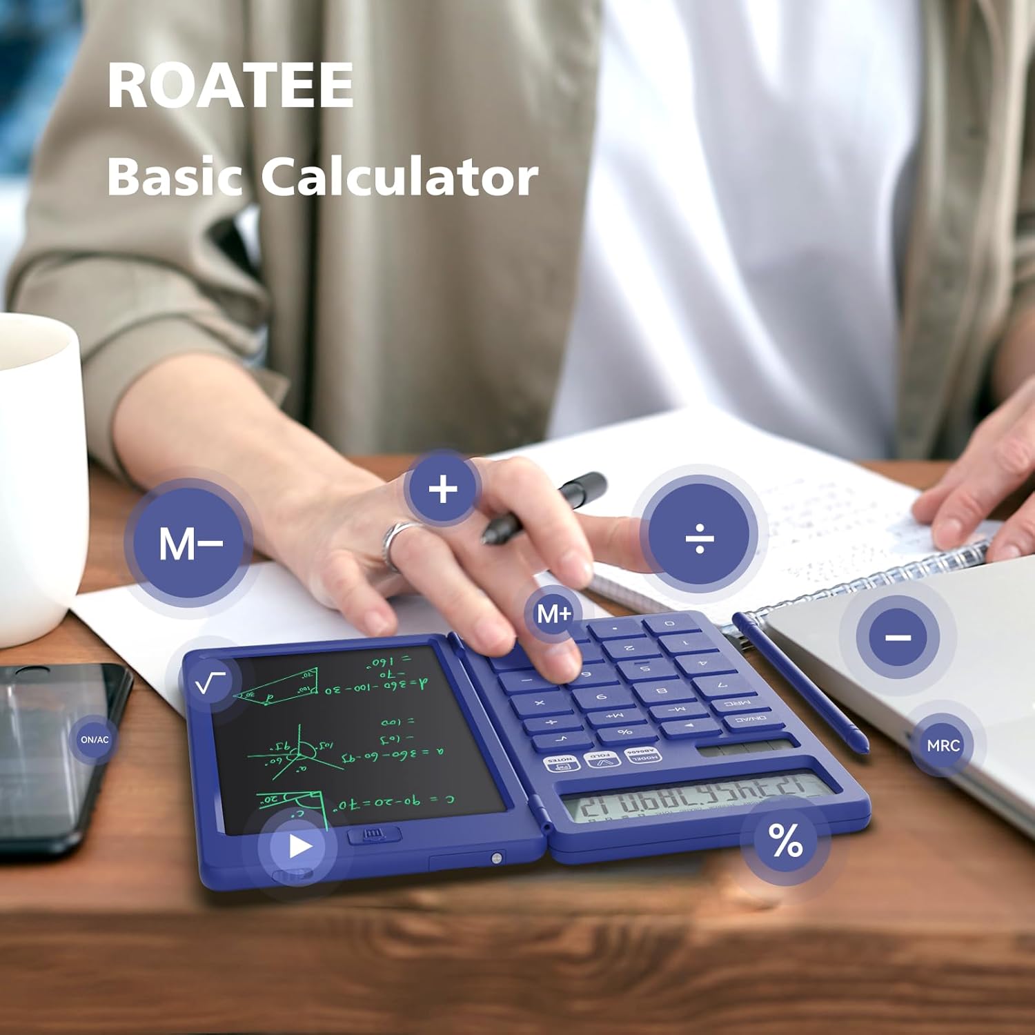 Detalle de ROATEE Foldable 2-in-1 Basic Calculator with Erasable LCD Tablet (Blue)
