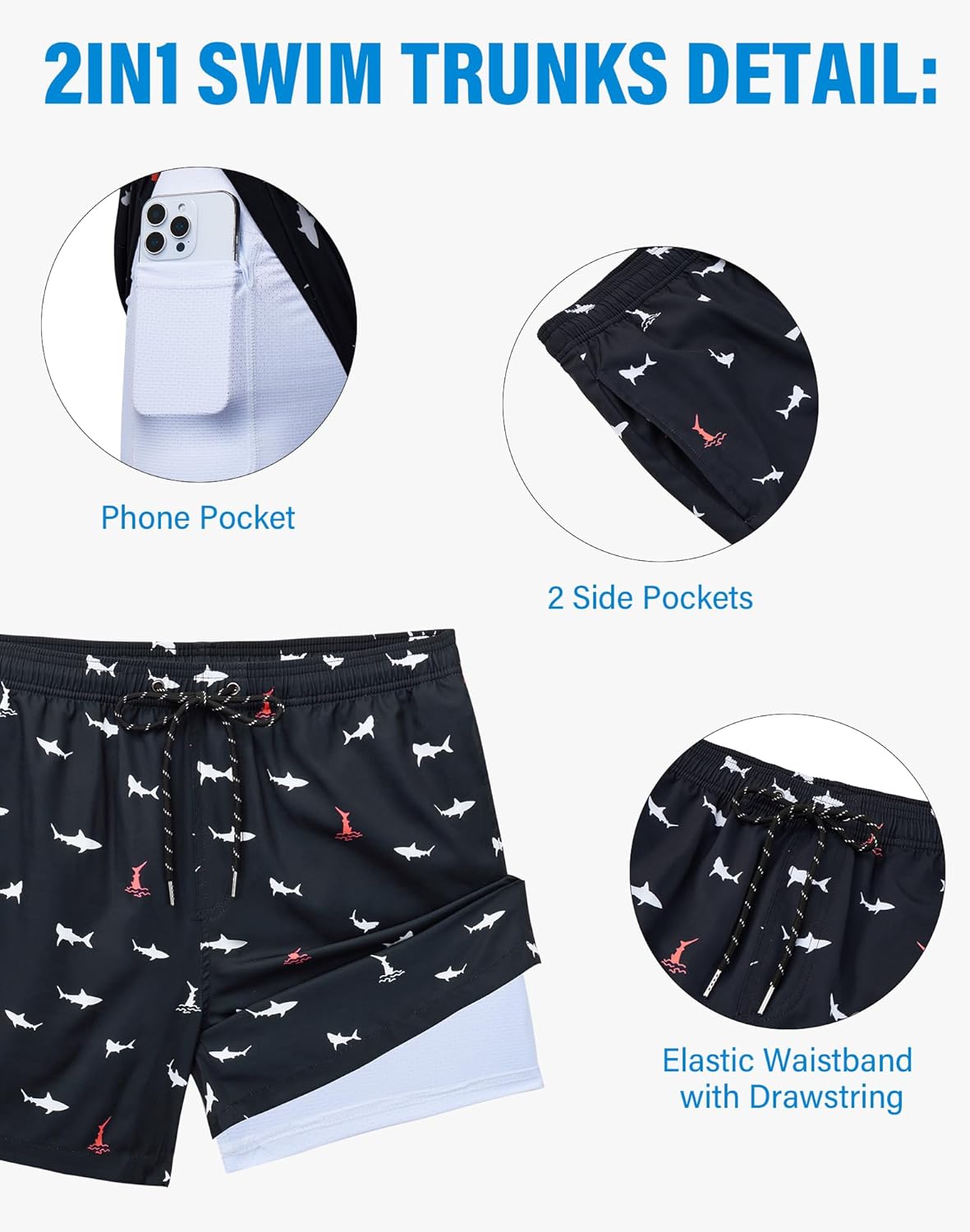 Detalle de Gleeease 5inch Mens Swim Trunks with Compression Liner — Quick Dry, Pockets, and Stretch