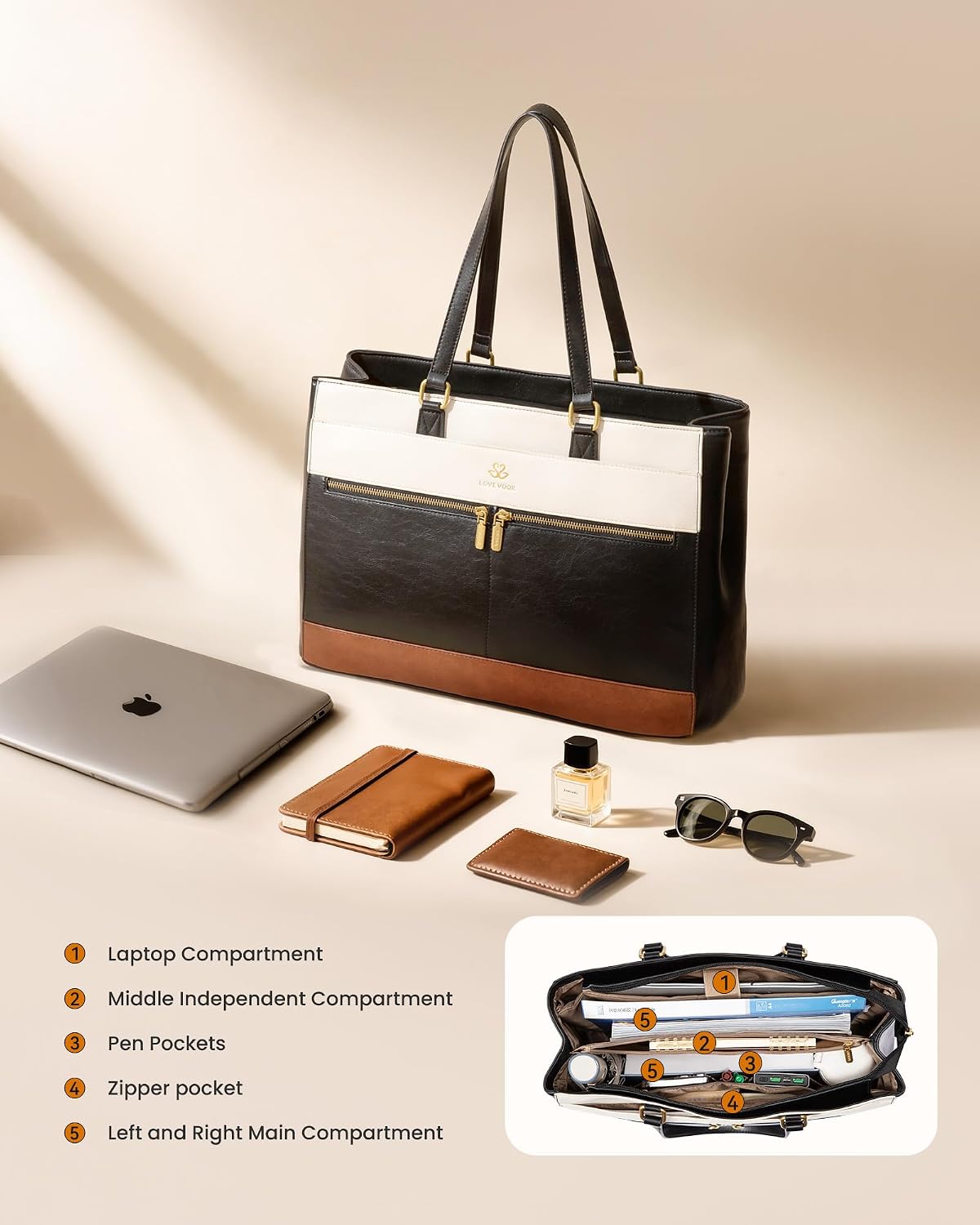 Thumbnail 3 de LOVEVOOK 17.3 Inch Laptop Tote for Women: Vintage Leather-Style Work Bag with Structured Compartments