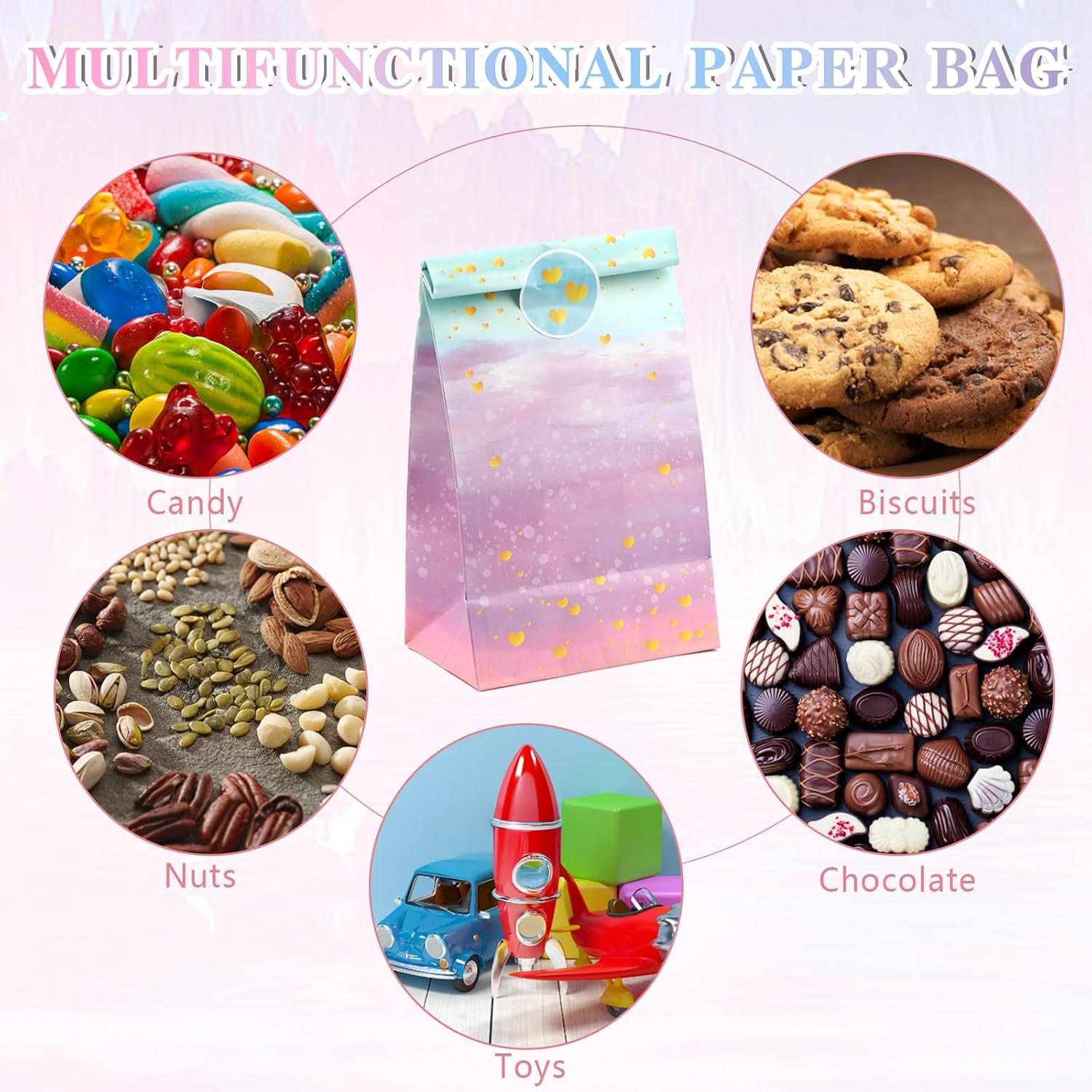 Detalle de 12 Stück Geschenktüten Kindergeburtstag mit Aufklebern – bunte Kraftpapier-Tüten, 22×12×8 cm
