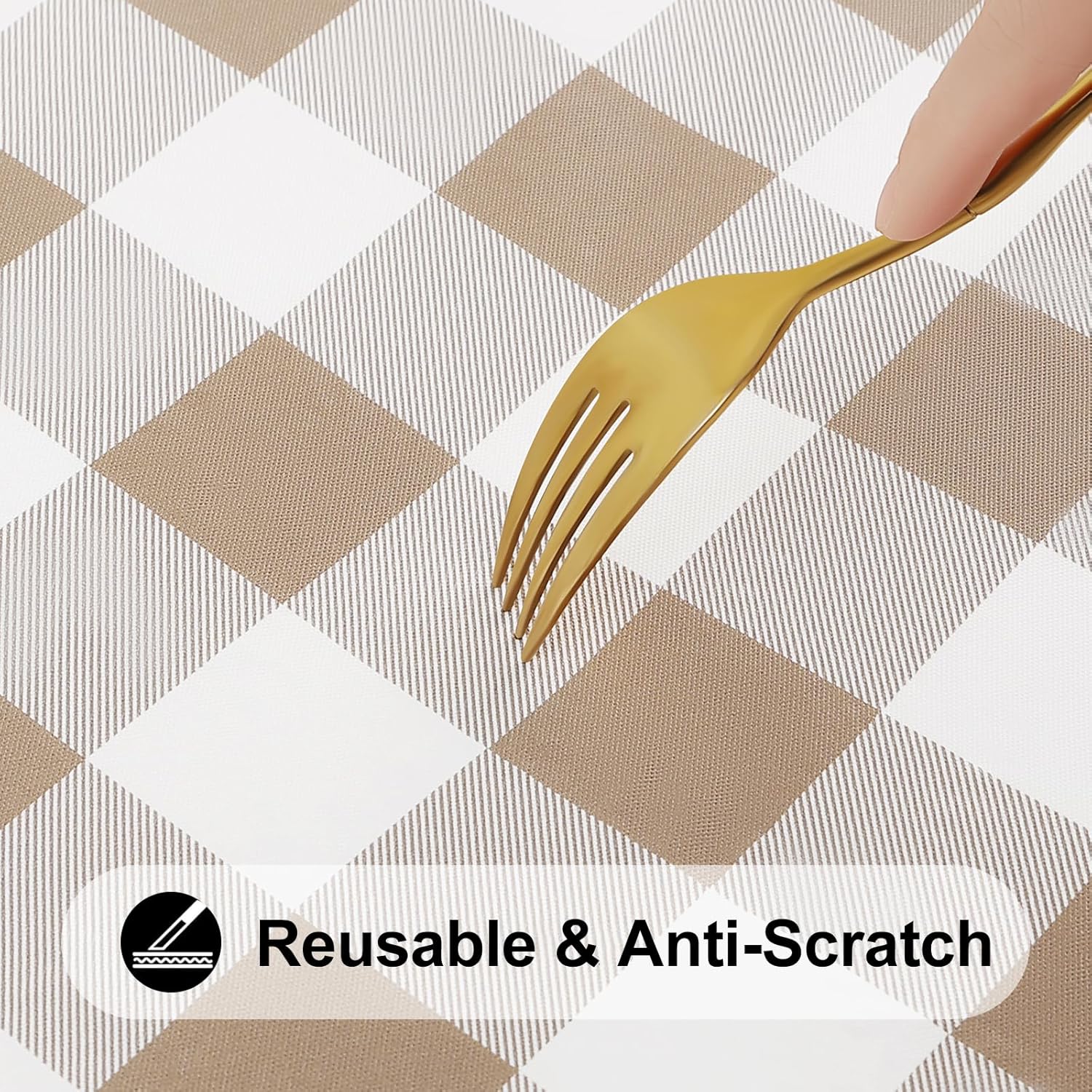 Detalle de Smiry Square Picnic Table Cloth, Elastic Waterproof Fitted Vinyl with Flannel Backing – 54" x 54" (White/Khaki)