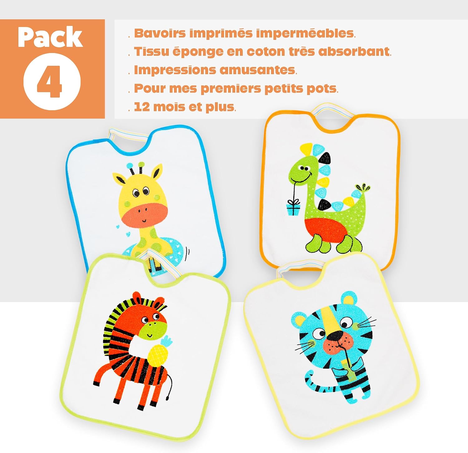 Thumbnail 4 de Ti TIN Lot de 4 Bavoirs Bébé Imperméables – Éponge 73% Coton / 27% Polyester, Motifs Animaux, Fermeture Élastique
