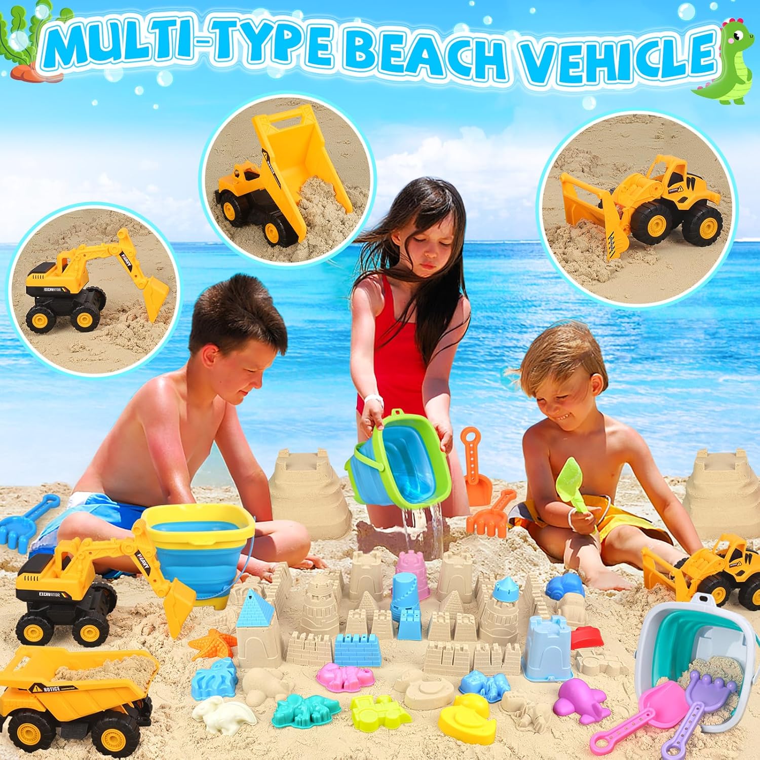 Thumbnail 2 de FHOZGECY Beach Sand Toys: 3 Construction Vehicles & 3 Collapsible Buckets for Outdoor Play