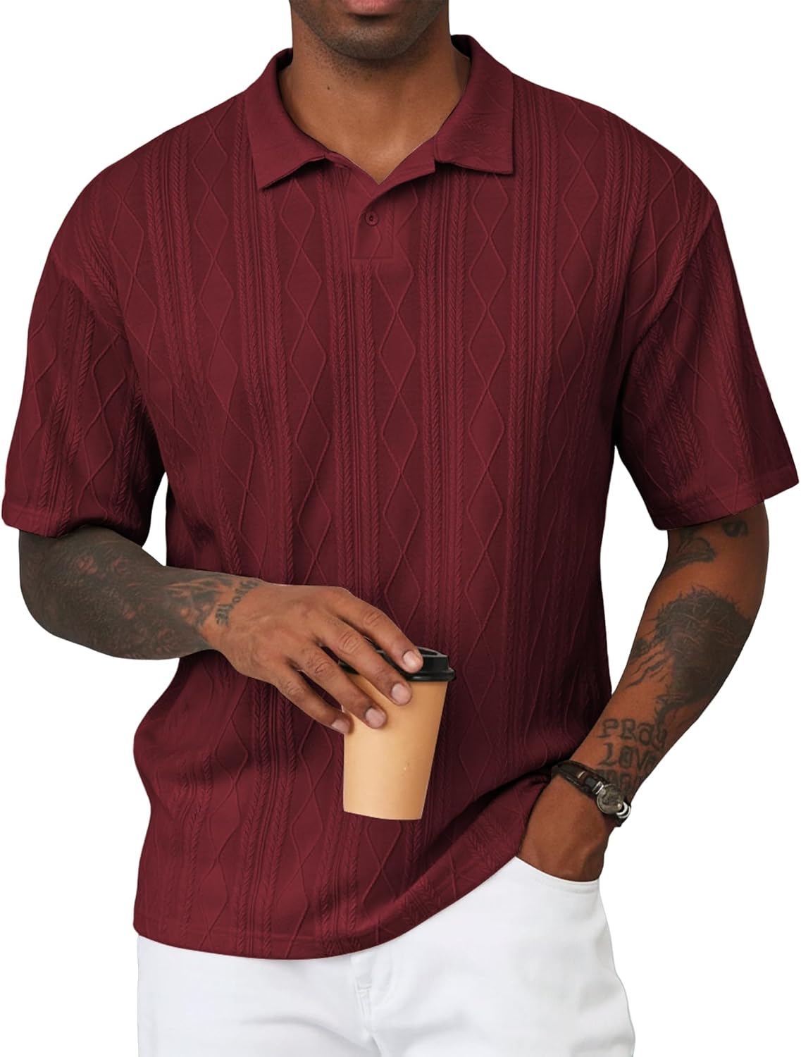 Detalle de JMIERR Men’s Textured Knit Button Polo Shirt (Short Sleeve) for Summer & Golf