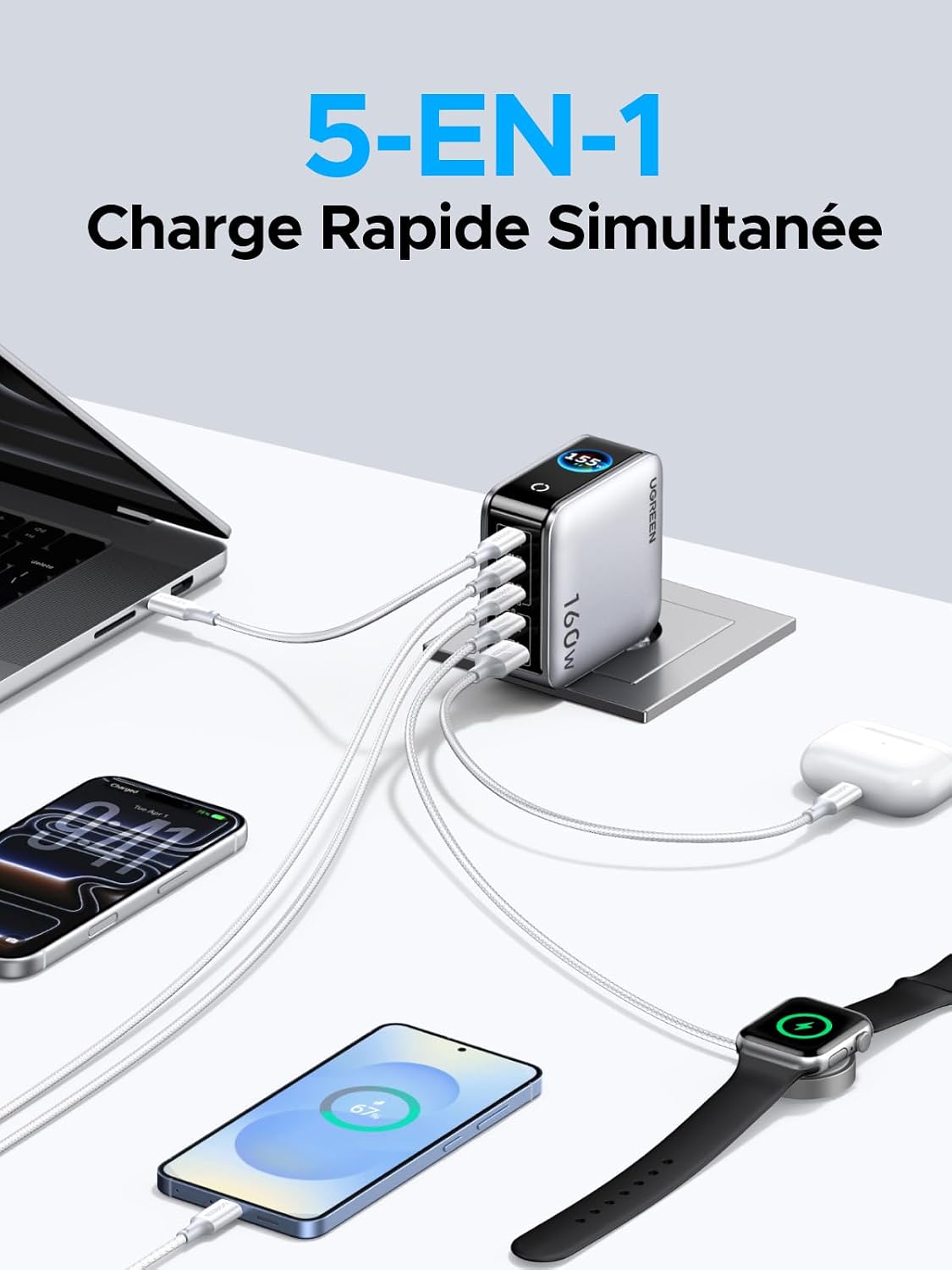 Detalle de UGREEN Nexode Pro 160W : Chargeur USB-C 5 ports avec écran TFT et GaN II