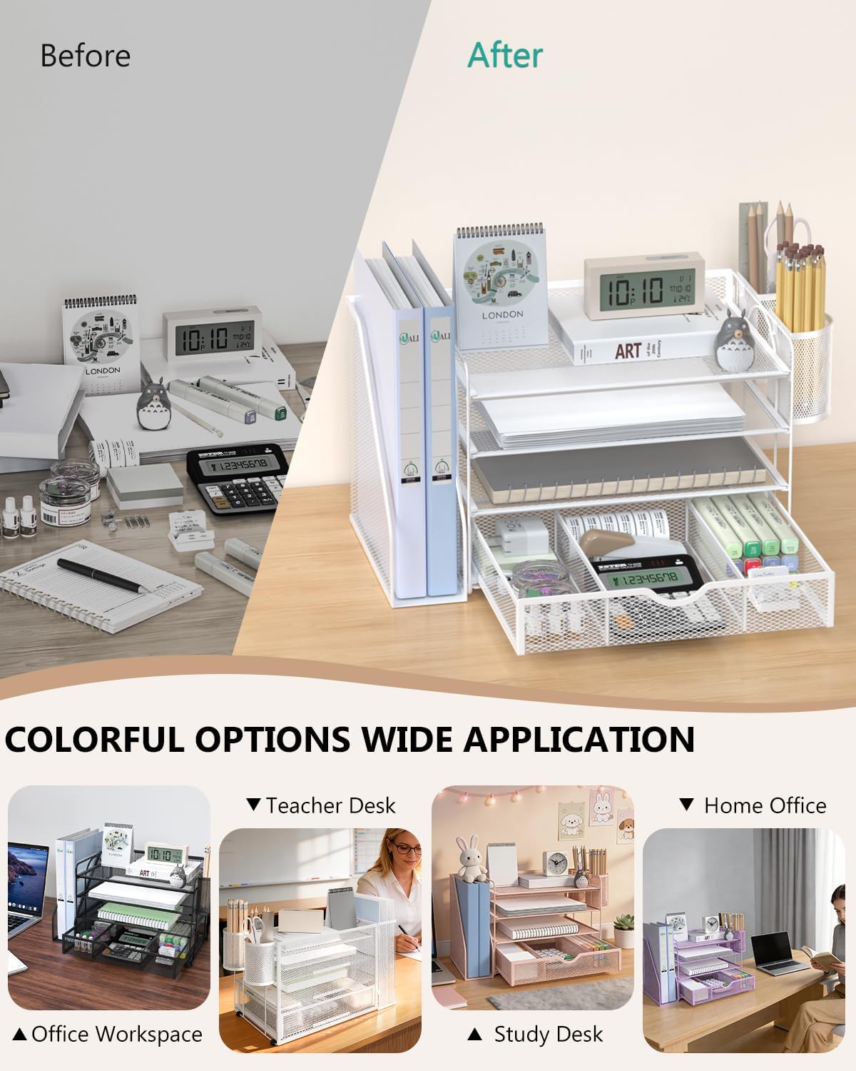 Detalle 2 de WALI DO005DH-W 4-Tier Metal Desk File Organizer with Drawer and Pen Holders