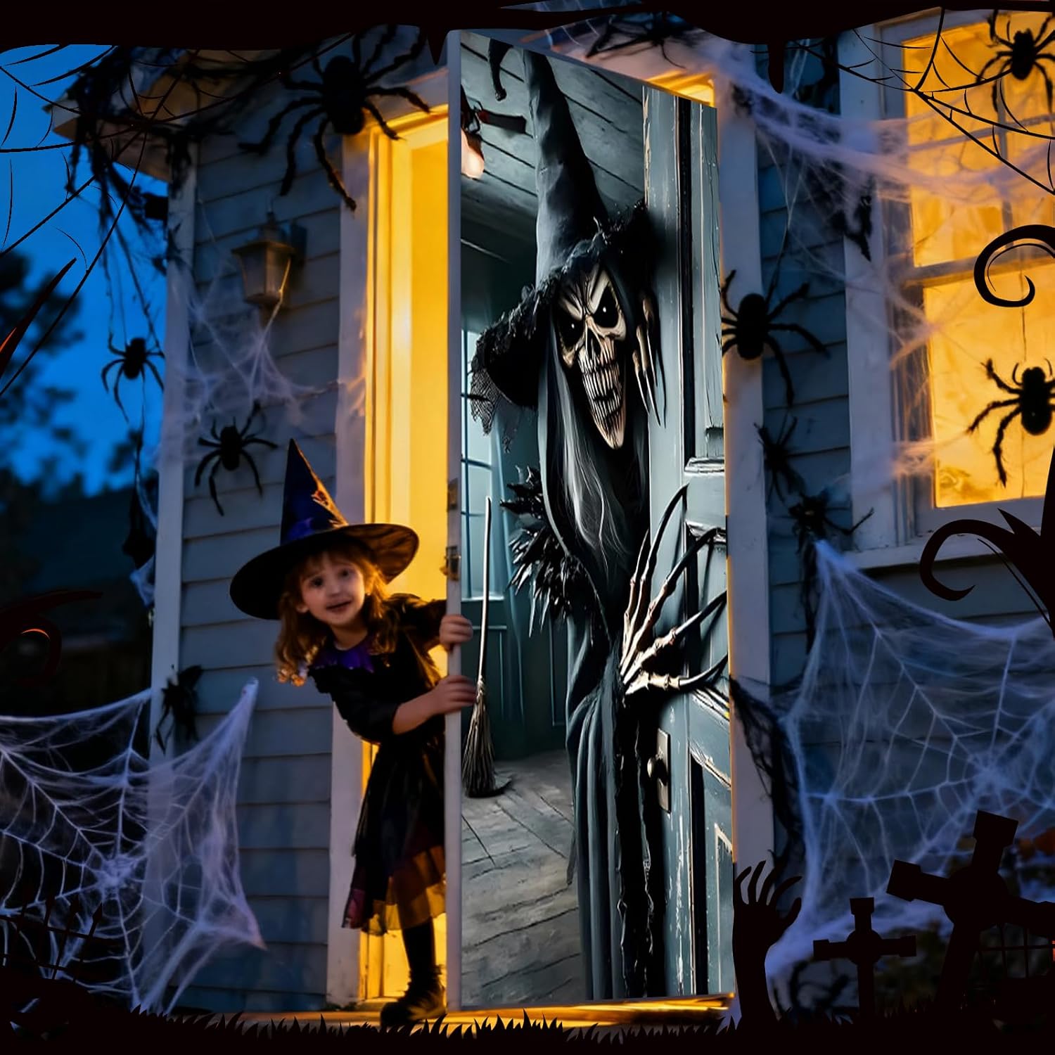 Thumbnail 5 de ILMFMY Halloween-deurbanner 180 x 90 cm met heksenskelet van polyester