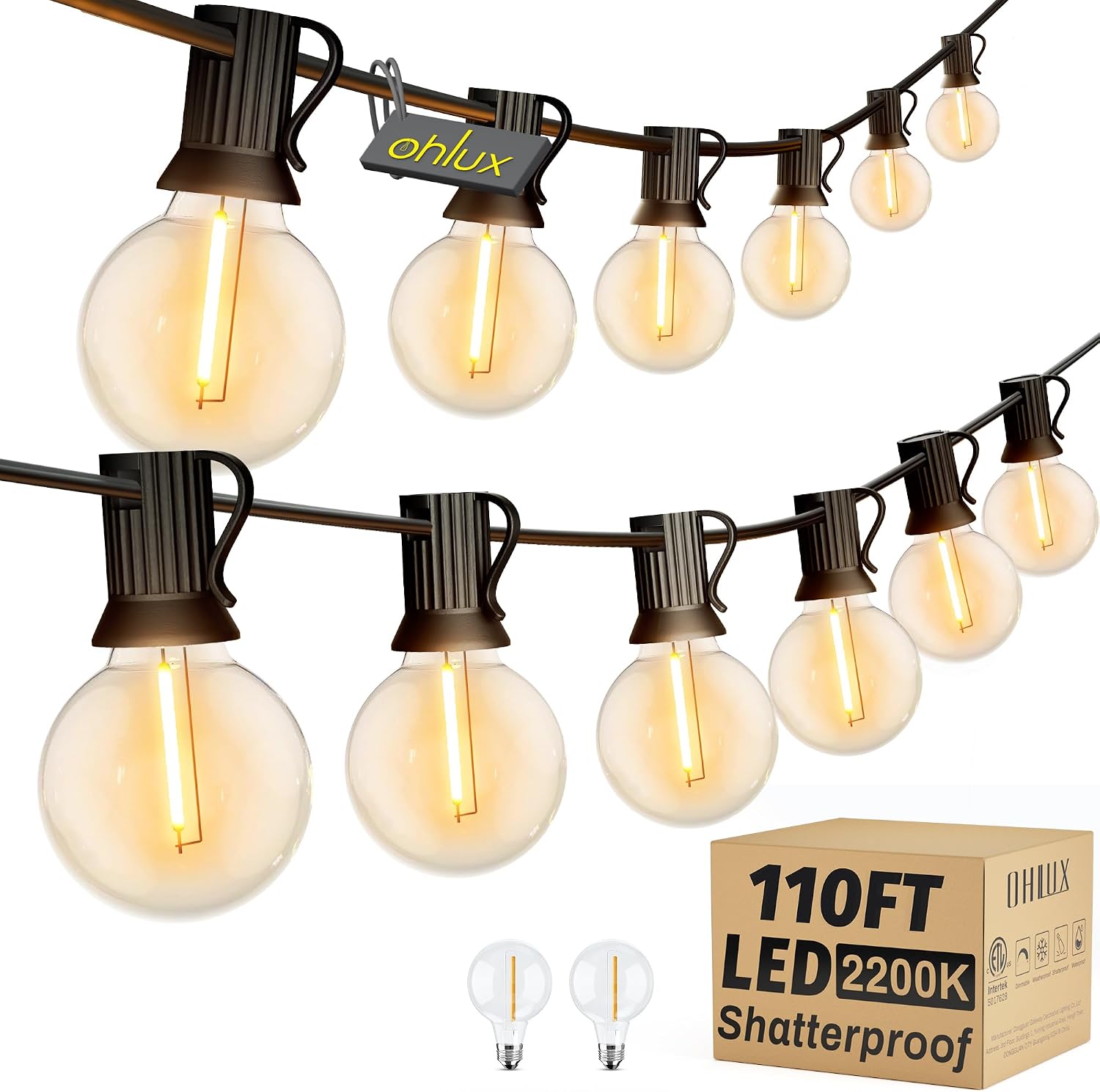 Detalle de OHLUX GLS-20J2P-E17-G40- G40 LED String Lights, 110 ft, 2200K, Dimmable