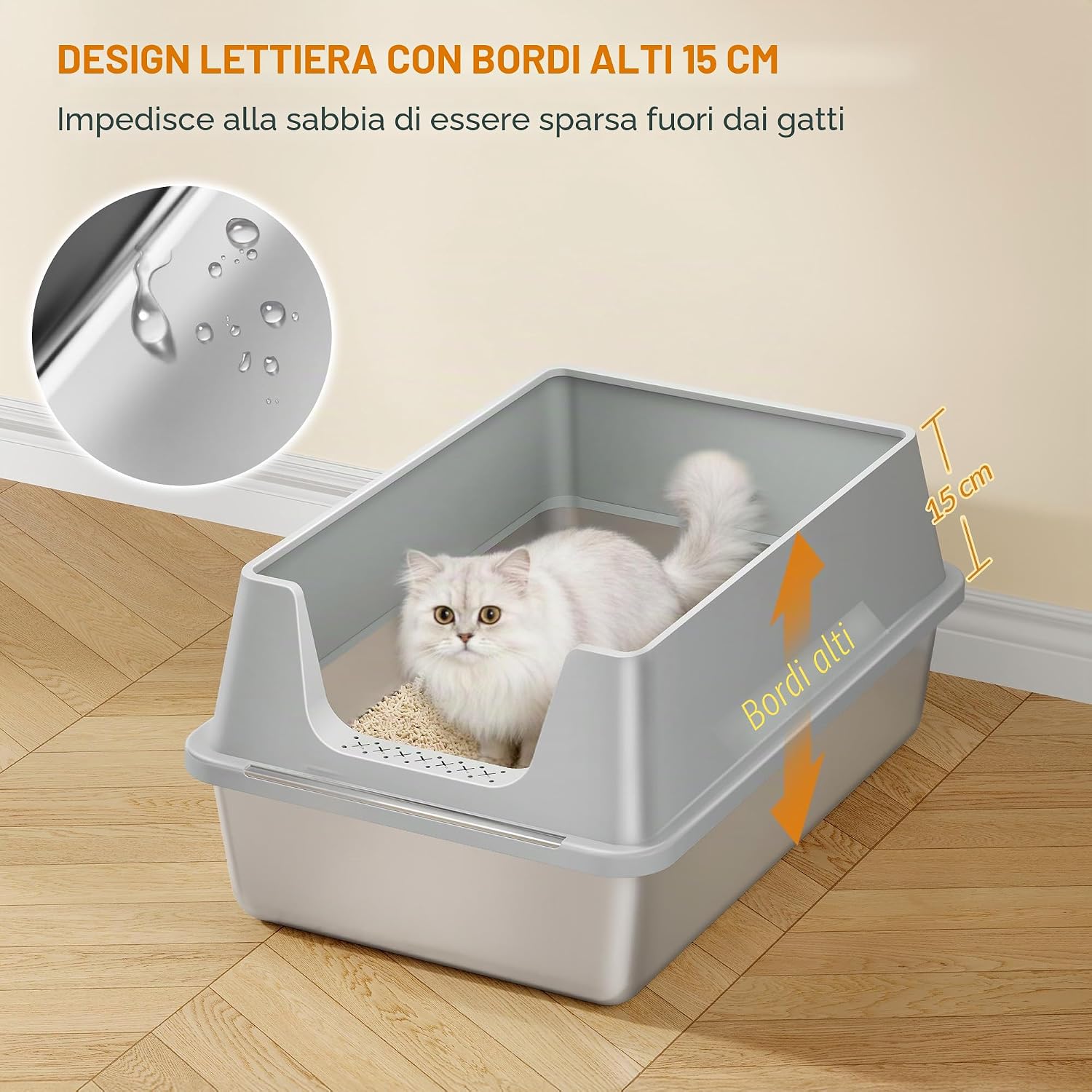 Detalle de Lettiera in Acciaio per Gatti XXL Fobyfurny – 60,5 × 40 × 29 cm, 36 L, Bordo Alto 15 cm, Inox