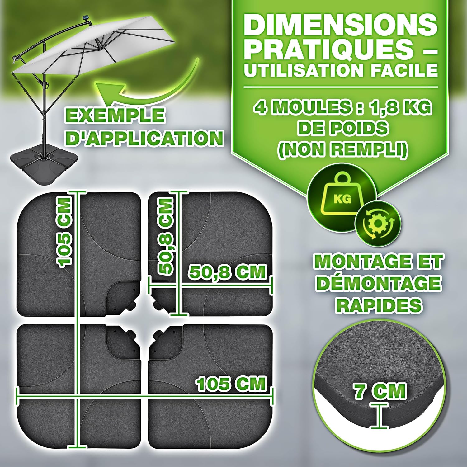 Thumbnail 6 de Tillvex Lestage & Dalles Carrées pour Parasol Déporté — Base remplissable 60 L / 80 kg, 4 pièces avec connecteur métallique (Anthracite)