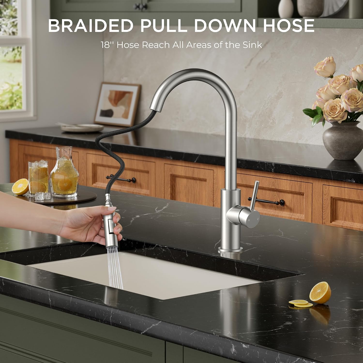 Detalle de FORIOUS FF0200BN Pull-Down Kitchen Faucet, Brushed Nickel, High-Arc Spout