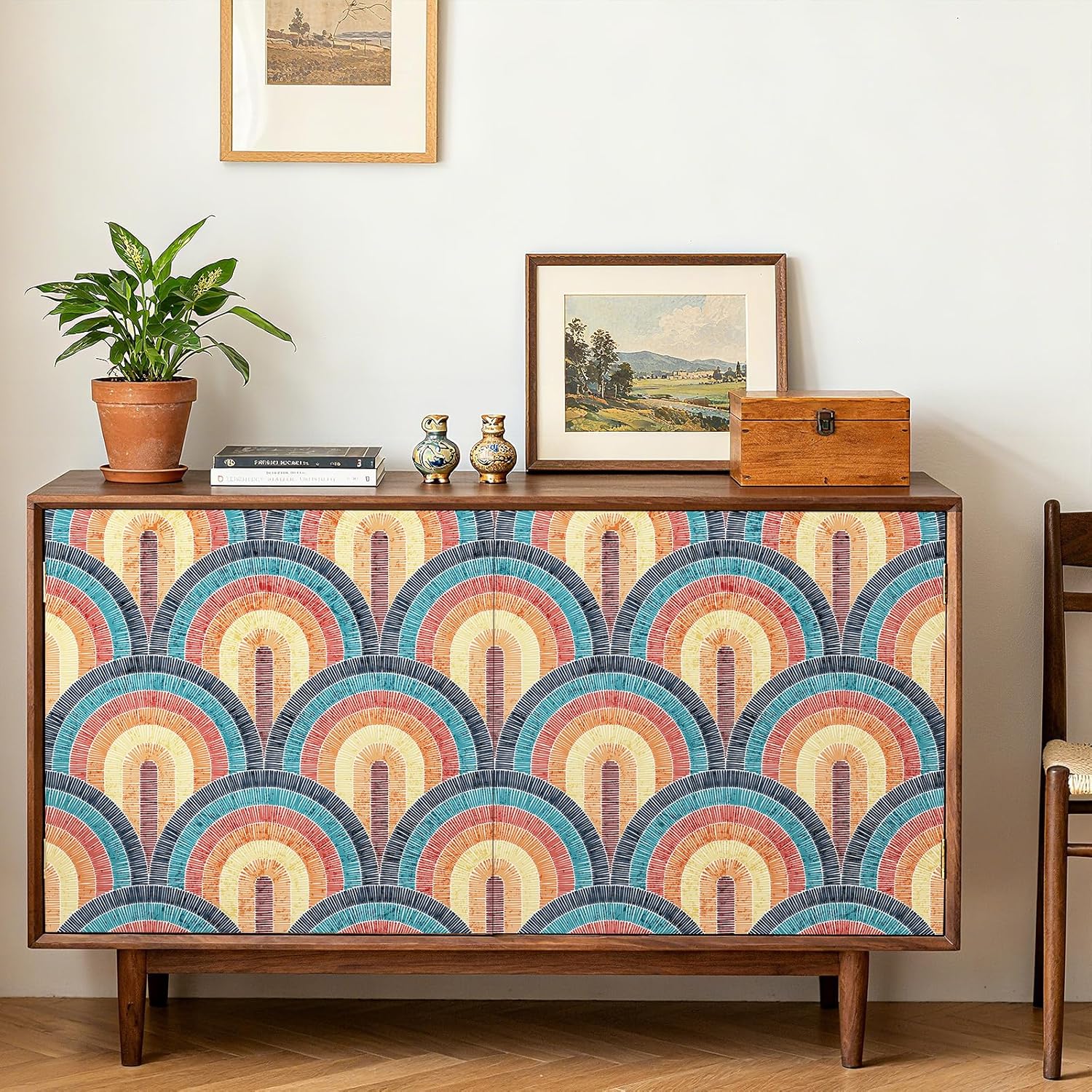 Detalle de Livelynine selbstklebende Tapete Boho mit geometrischem Muster – Rot, Petrol & Gelb (44,5 cm x 7 m)
