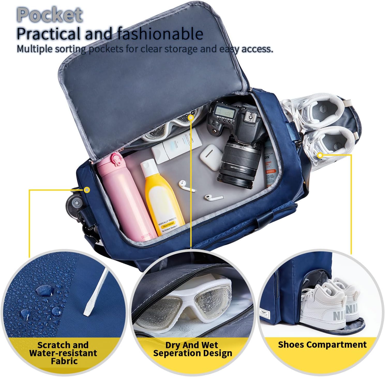 Detalle de FIORETTO Gym Bag with Wet Pocket and Shoe Compartment – 30L, Foldable & Water-Resistant