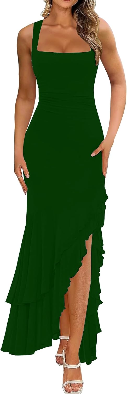 Detalle de BORIFLORS Women's Elegant Bodycon Ruched Maxi Cocktail Dress