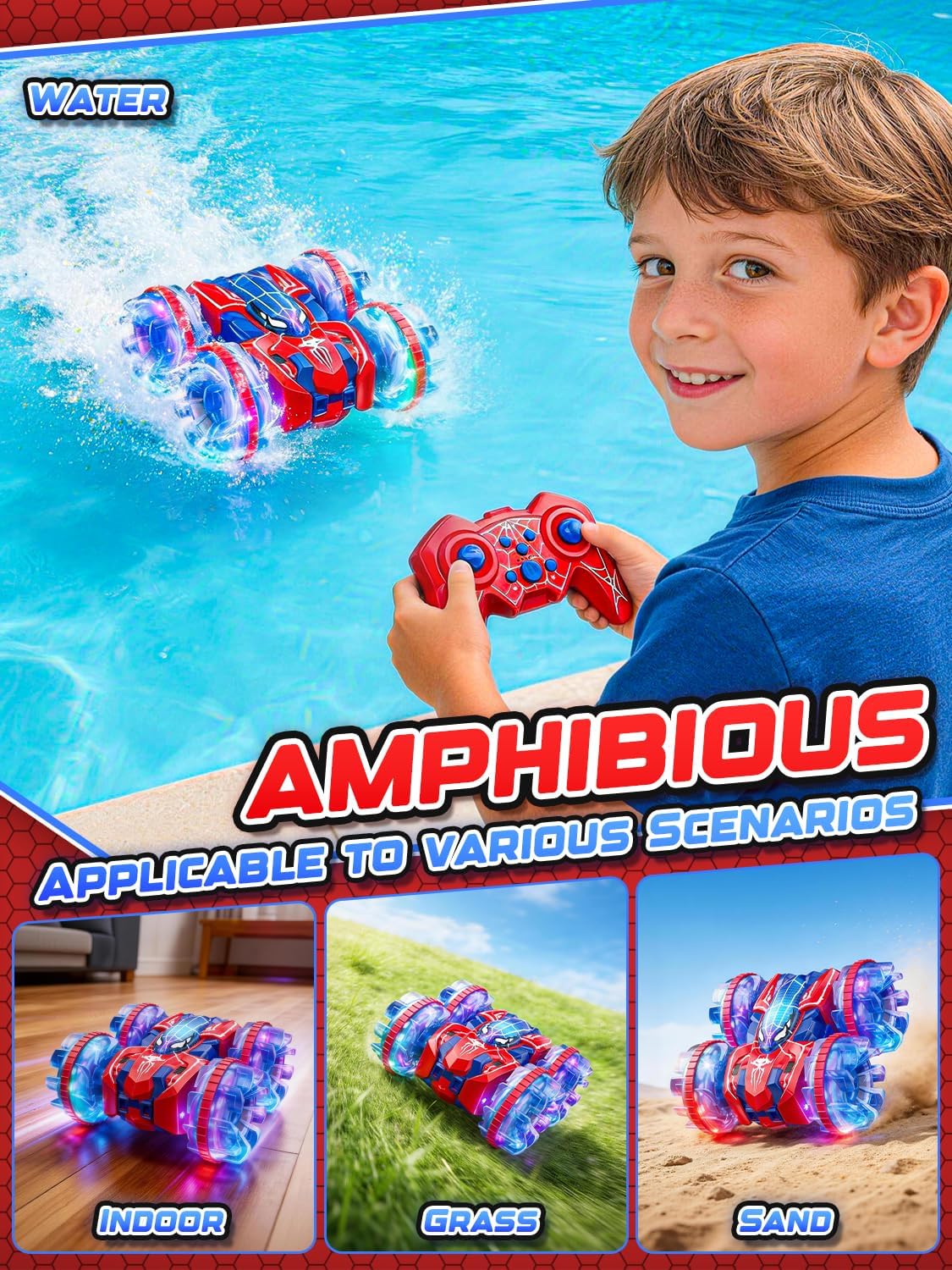 Detalle de Spider Macchina Telecomandata per Bambini: anfibia 2.4GHz con 360° e LED