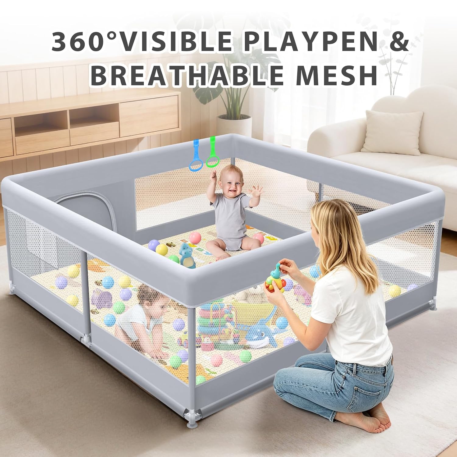 Detalle 2 de XVISHX 50 x 50 Inch Baby Playpen with Mat, Mesh Sides & 18 Balls