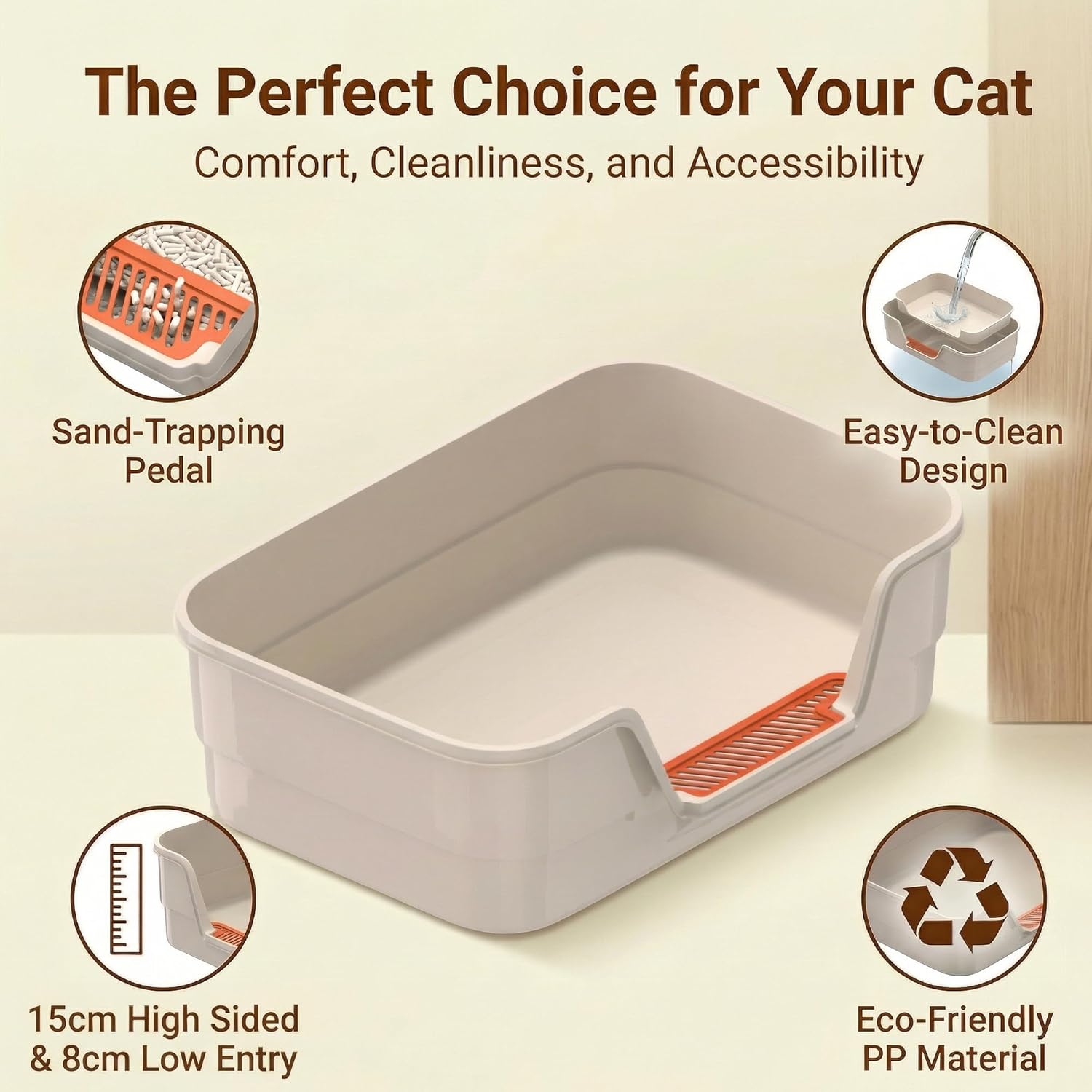 Thumbnail 6 de Suhaco Large Cat Litter Tray with High Sides & Low Entry – Open 60x40x16 cm, No Lid, Anti-Splash Fence