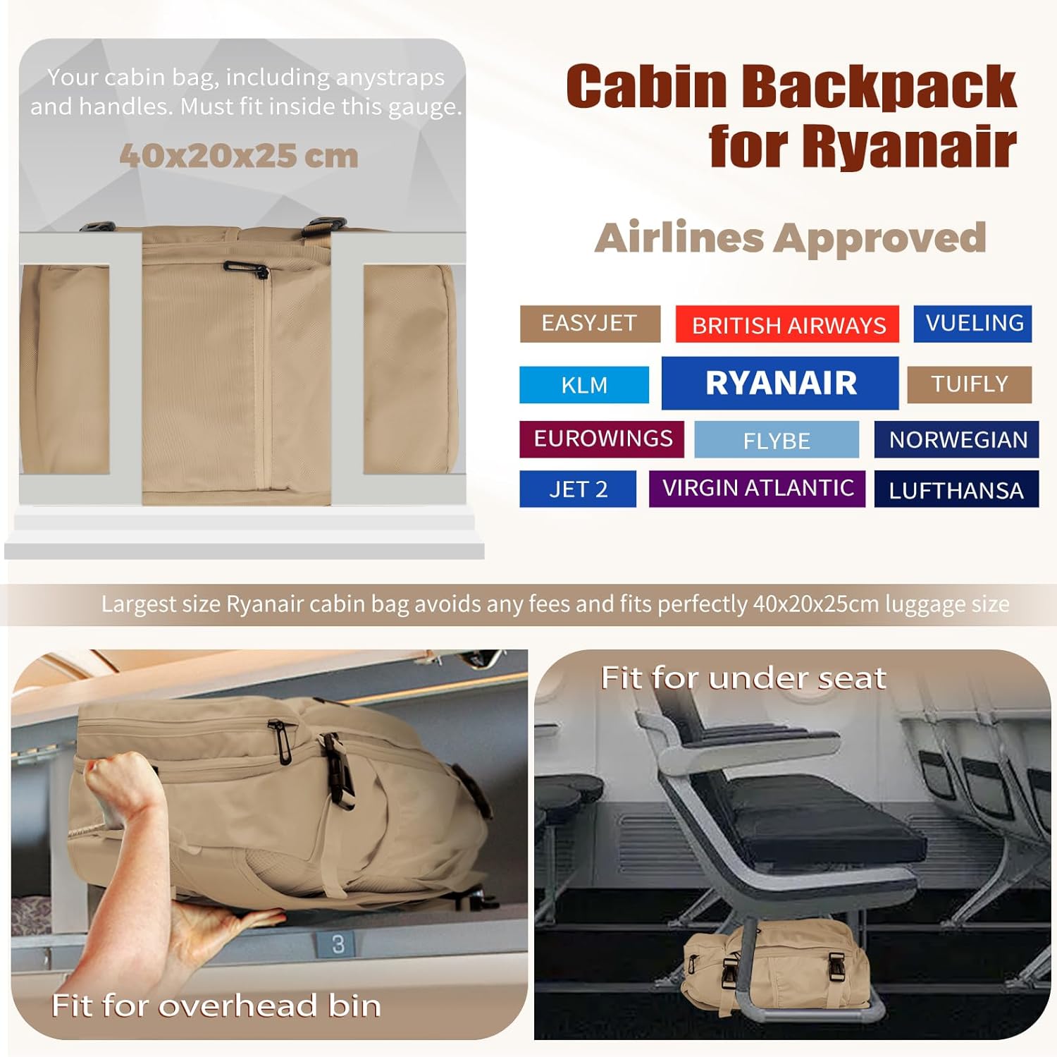 Detalle de Zaino da viaggio Ryanair – zaino bagaglio a mano 40 × 20 × 25 cm, pratico e compatibile con EasyJet e altre compagnie