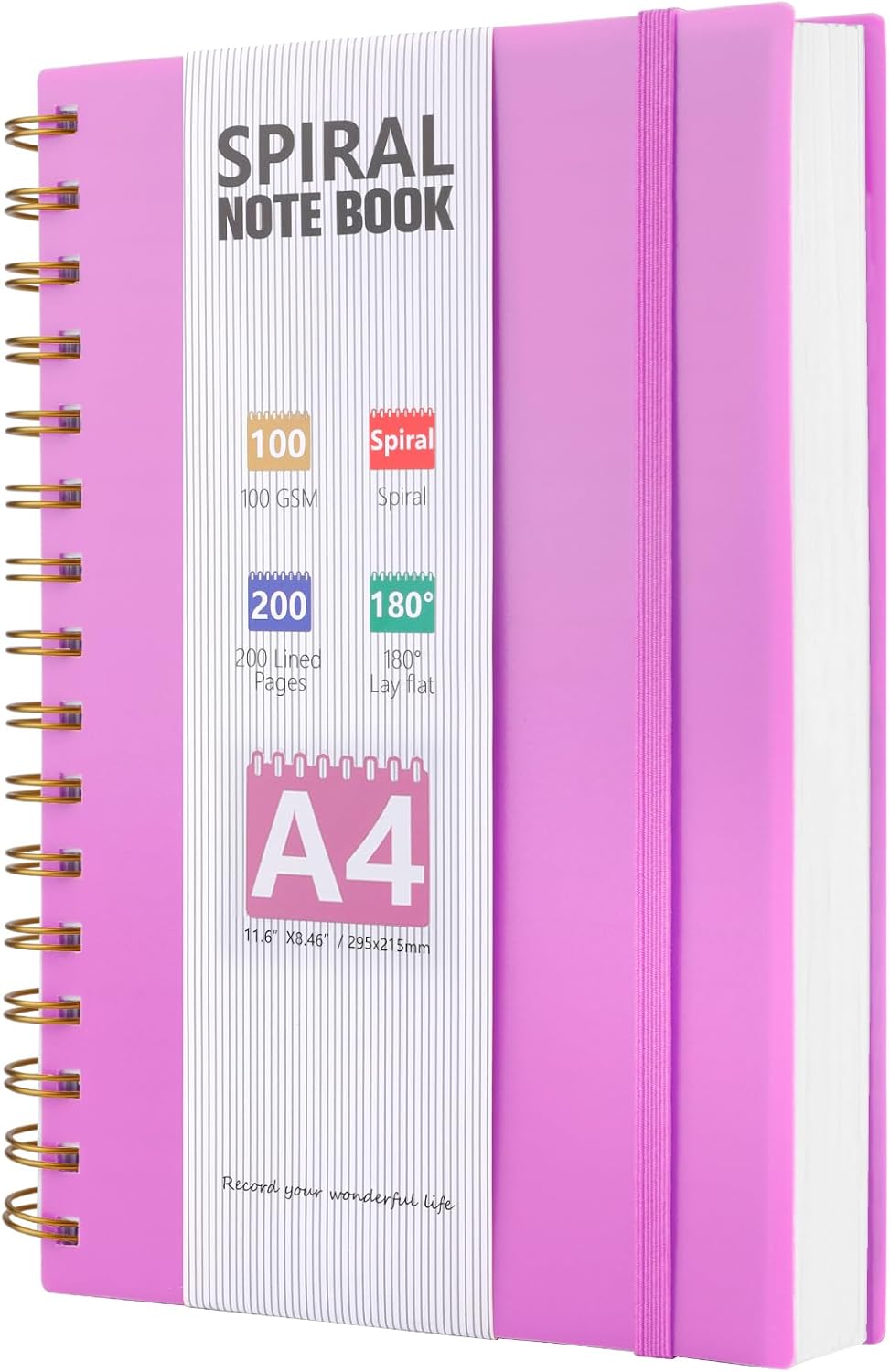 A4 Notebook 200 Pages Spiral Journal with 100GSM Lined Paper, Purple PVC Cover - 21.5 x 28.5 cm